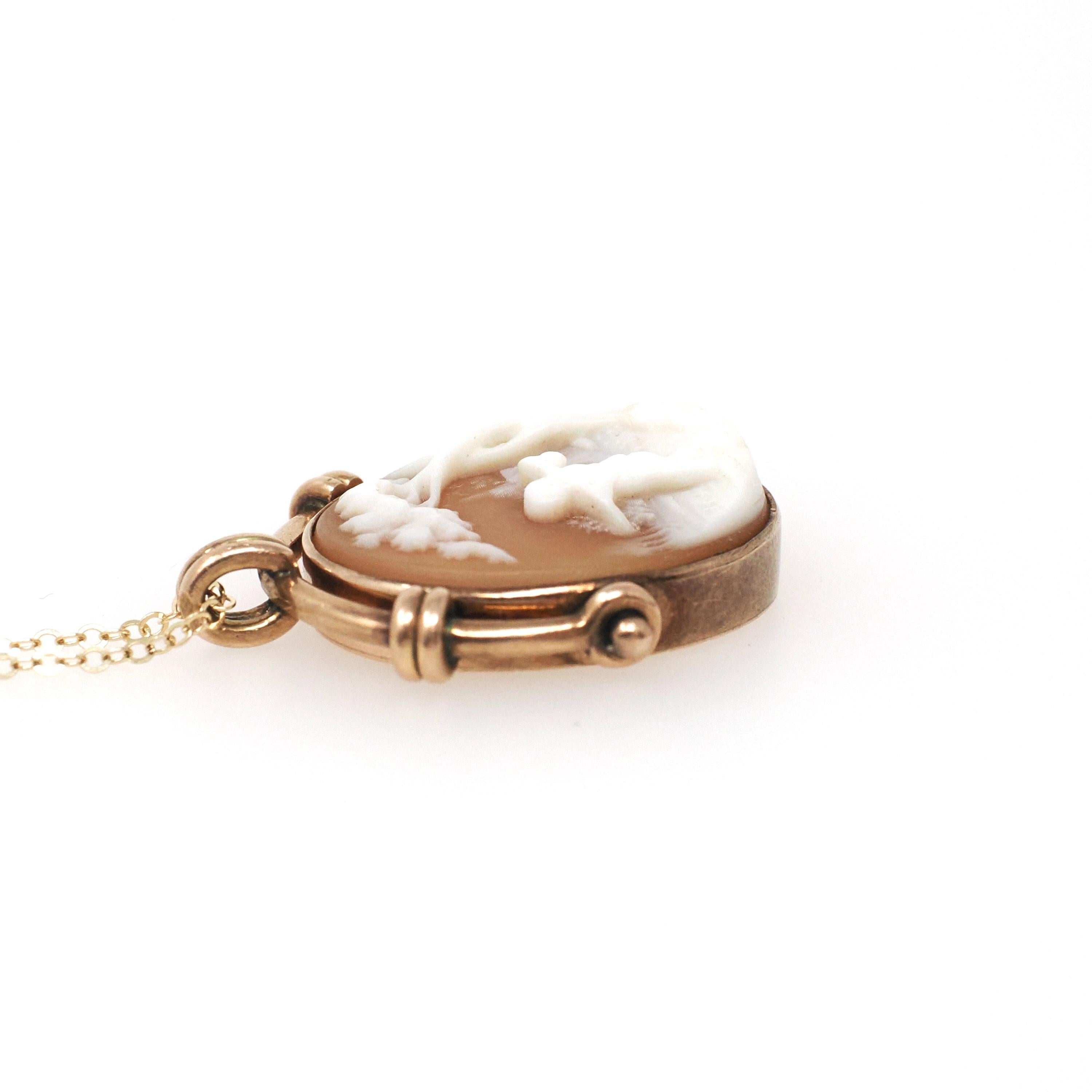Antique Flip Pendant - Victorian 10K Rosy Yellow Gold Carved Shell Cameo Spinner Necklace - Dated July 8th 1885 Two Sided Statement Jewelry