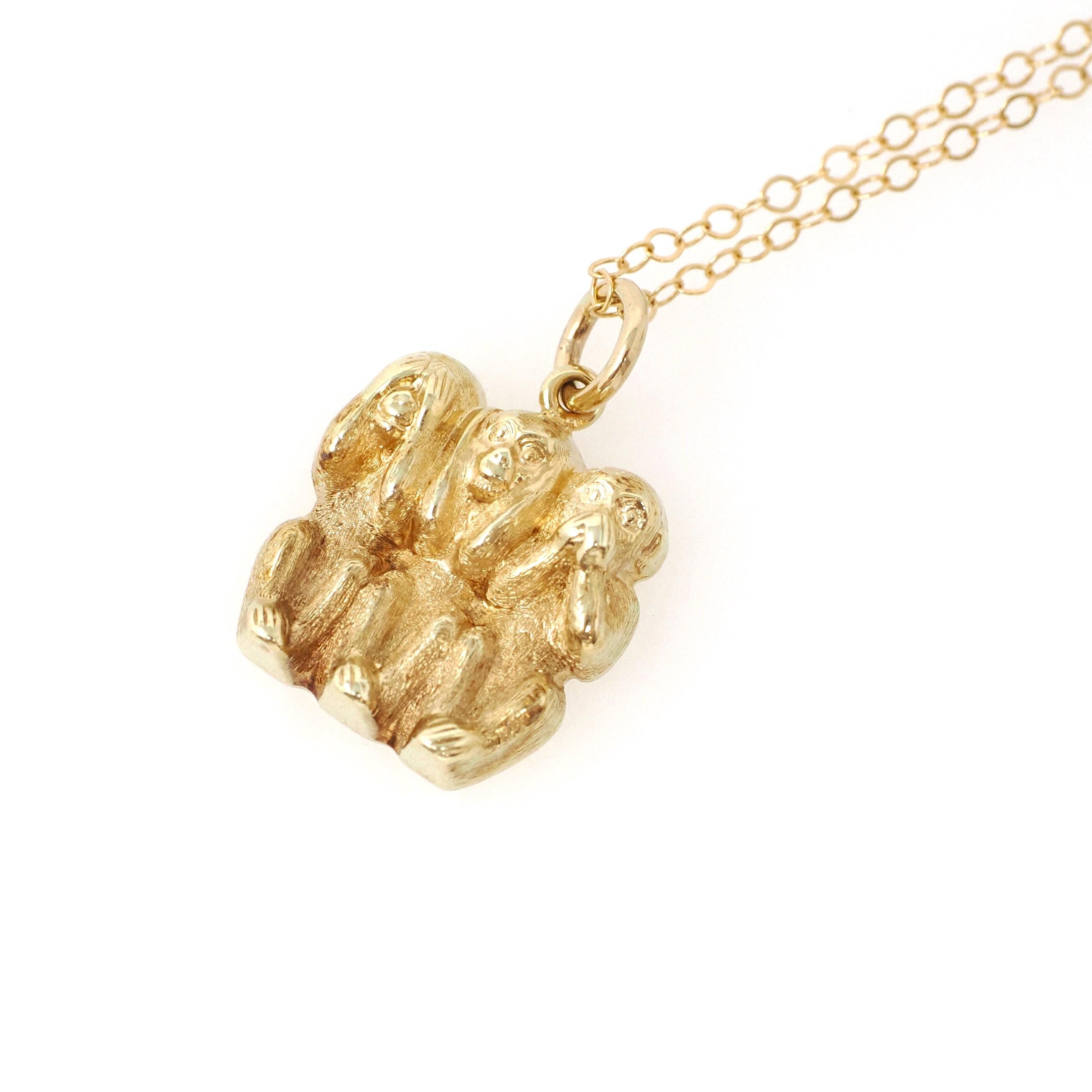 Three Wise Monkeys Charm - Vintage 14k Yellow Gold See Hear Speak No Evil Pendant Necklace - Bold Gold Estate 1980s Figural Animal Jewelry