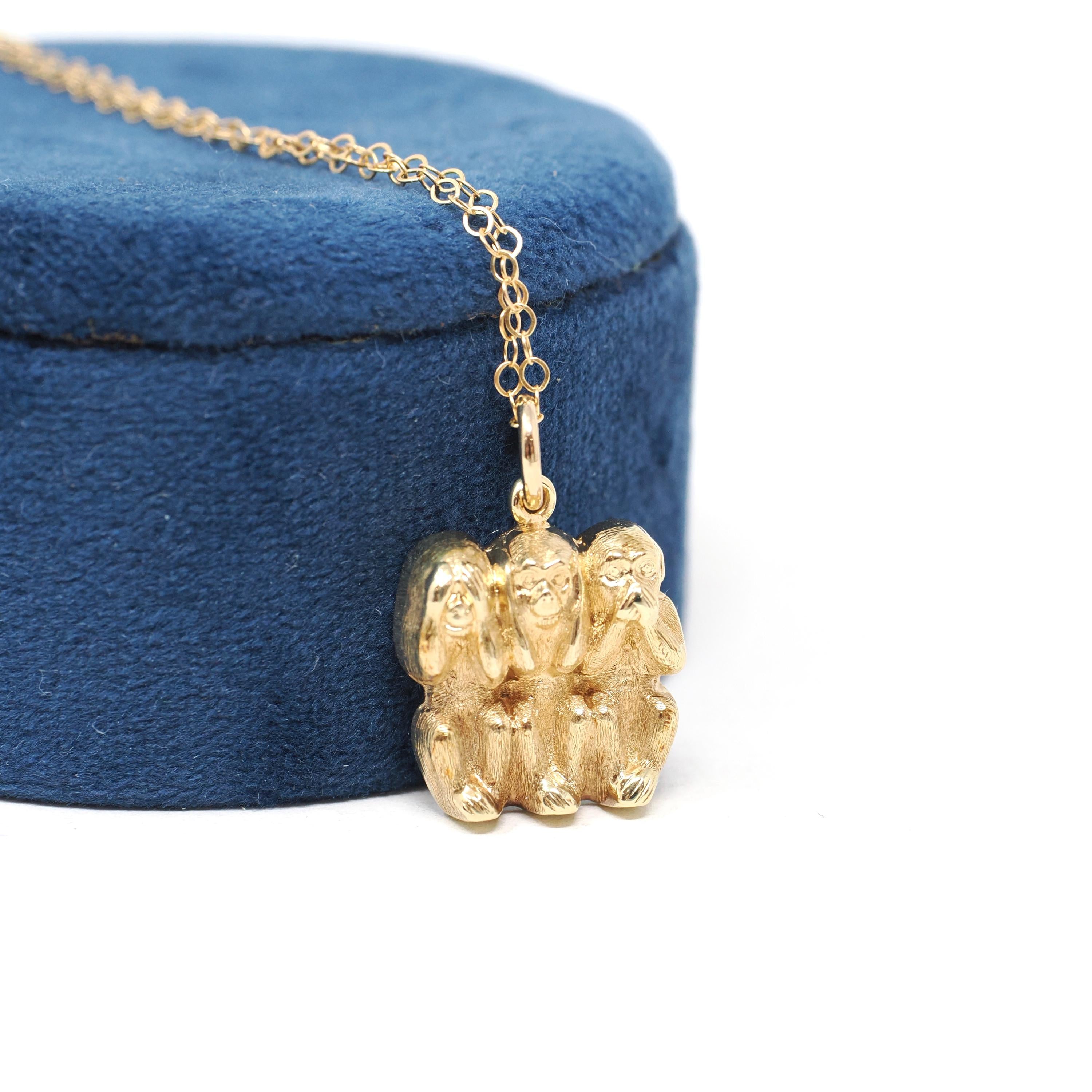 Three Wise Monkeys Charm - Vintage 14k Yellow Gold See Hear Speak No Evil Pendant Necklace - Bold Gold Estate 1980s Figural Animal Jewelry