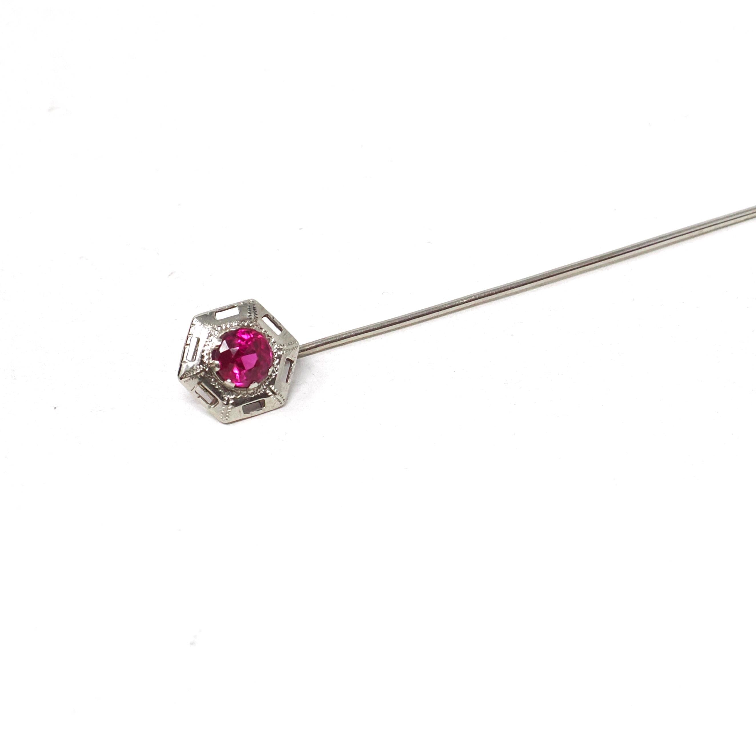 Art Deco Stick Pin - Vintage 10k White Gold Red Created Ruby Gemstone - Circa 1930s Era Hexagonal Filigree Unisex Statement Lapel Jewelry