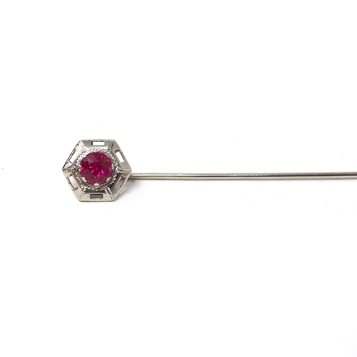 Art Deco Stick Pin - Vintage 10k White Gold Red Created Ruby Gemstone - Circa 1930s Era Hexagonal Filigree Unisex Statement Lapel Jewelry