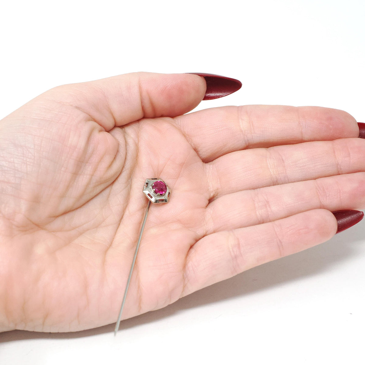 Art Deco Stick Pin - Vintage 10k White Gold Red Created Ruby Gemstone - Circa 1930s Era Hexagonal Filigree Unisex Statement Lapel Jewelry