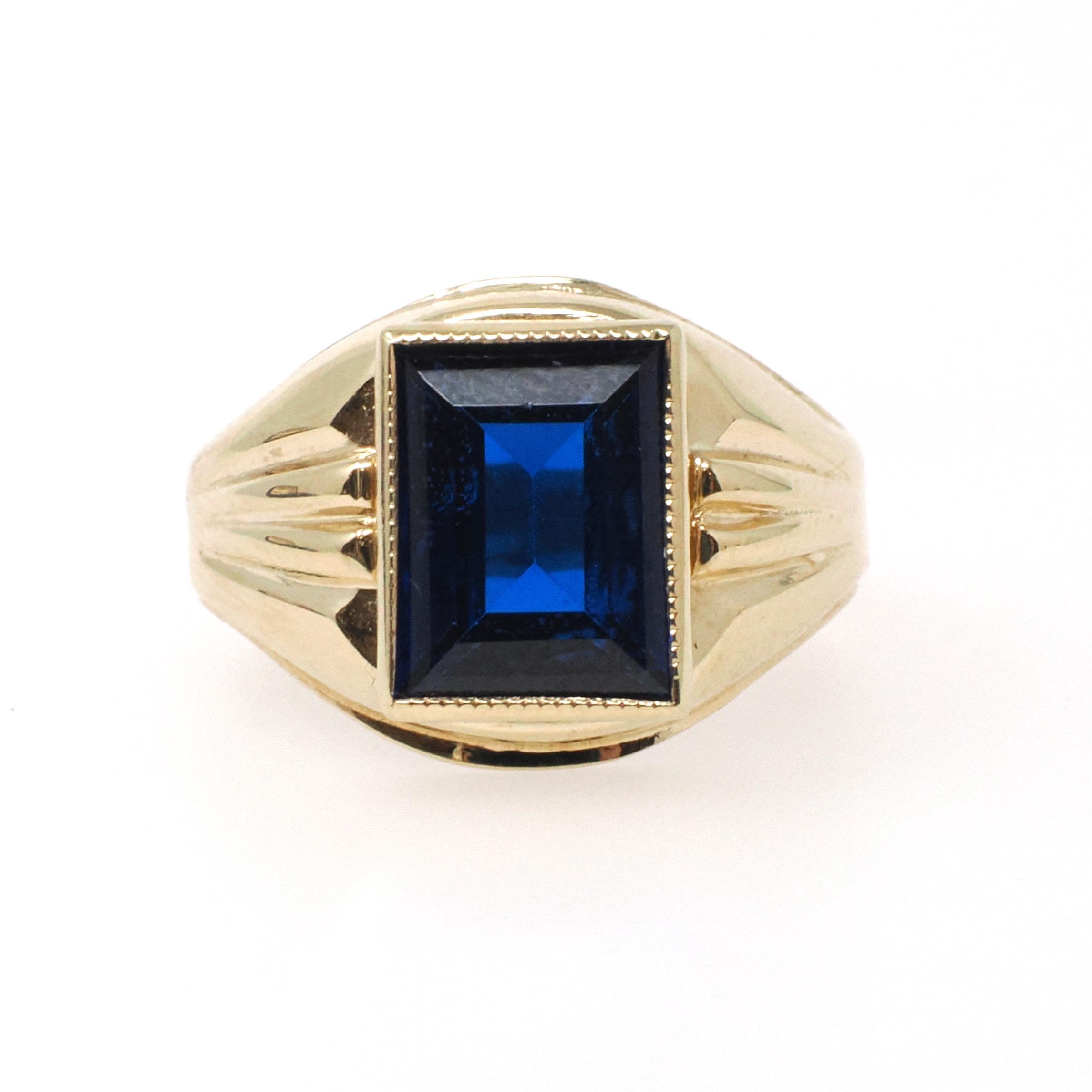 Vintage Created Spinel Ring - Mid Century 10k Yellow Gold Rectangular Step Cut 2.15 CT Blue Stone - Circa 1960s Era Size 5 Statement Jewelry