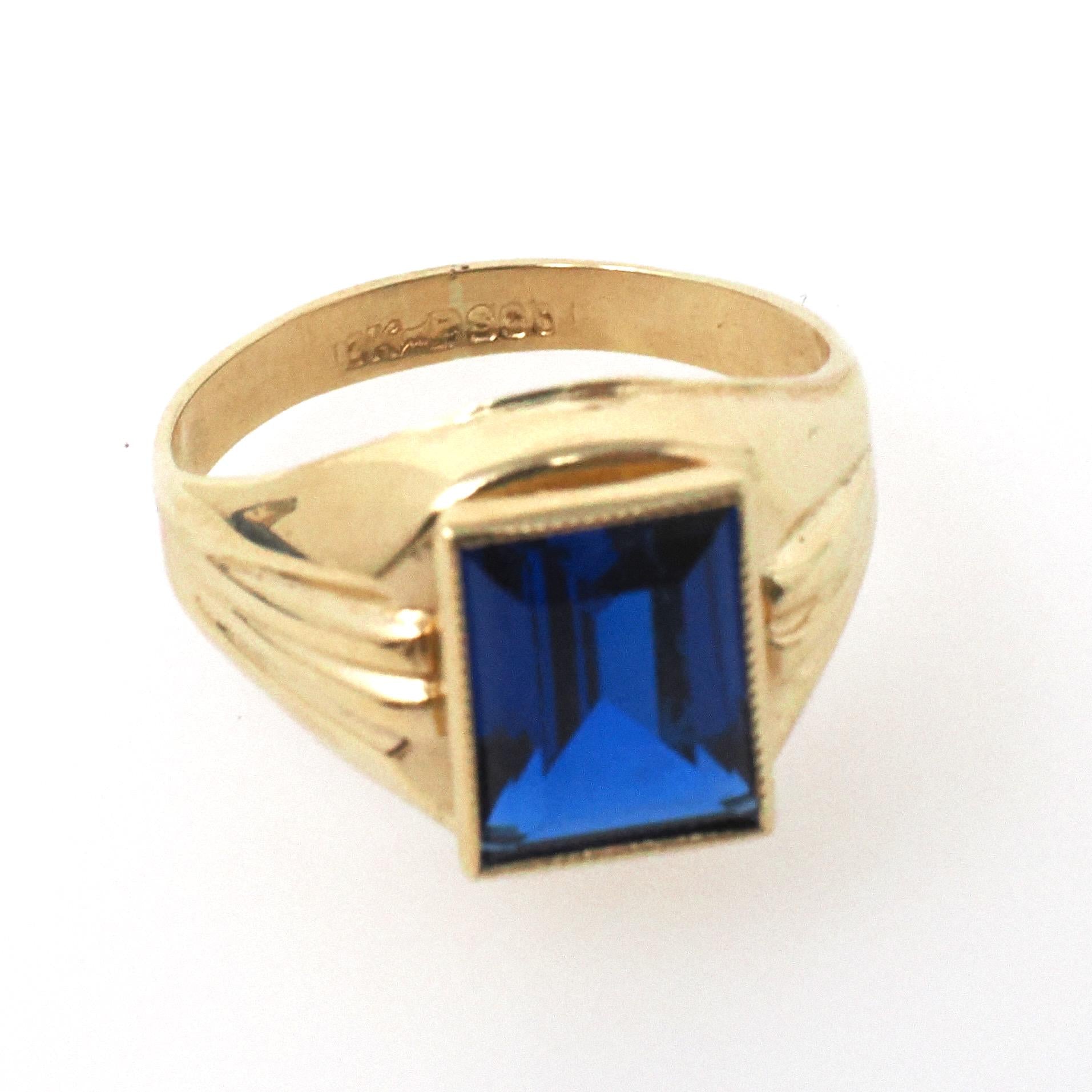 Vintage Created Spinel Ring - Mid Century 10k Yellow Gold Rectangular Step Cut 2.15 CT Blue Stone - Circa 1960s Era Size 5 Statement Jewelry