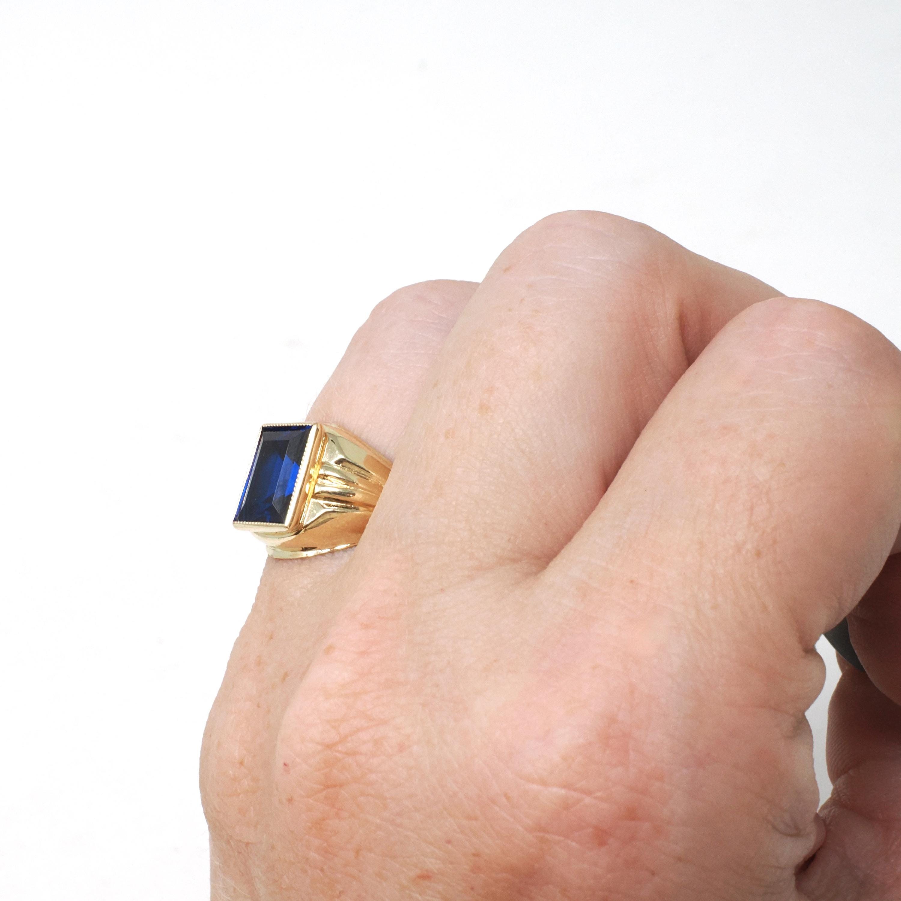 Vintage Created Spinel Ring - Mid Century 10k Yellow Gold Rectangular Step Cut 2.15 CT Blue Stone - Circa 1960s Era Size 5 Statement Jewelry
