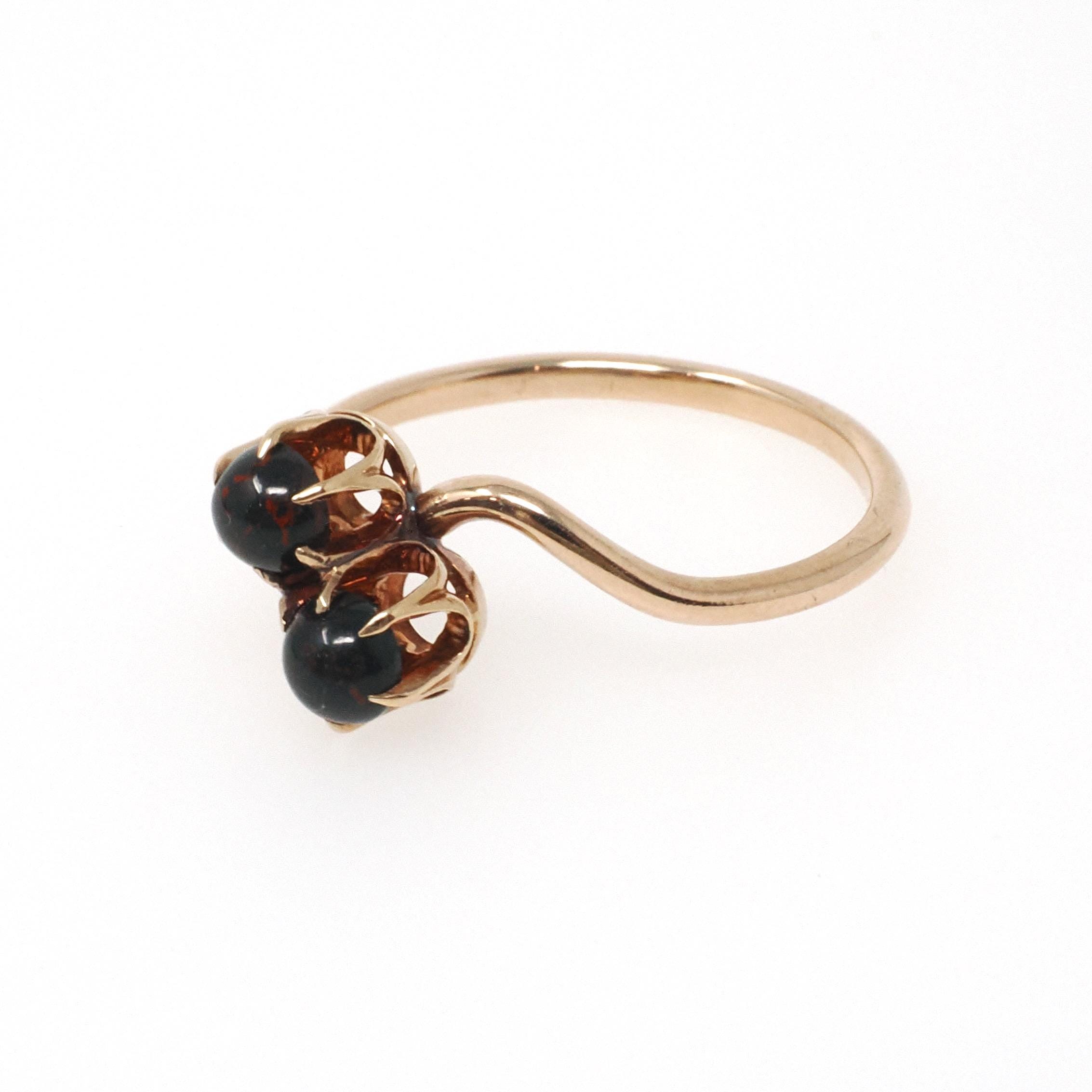 Antique Bloodstone Ring - Edwardian 10k Rosy Yellow Gold Round Dark Green Red Gems - Circa 1910s Era Size 6 Heliotrope Bypass Fine Jewelry