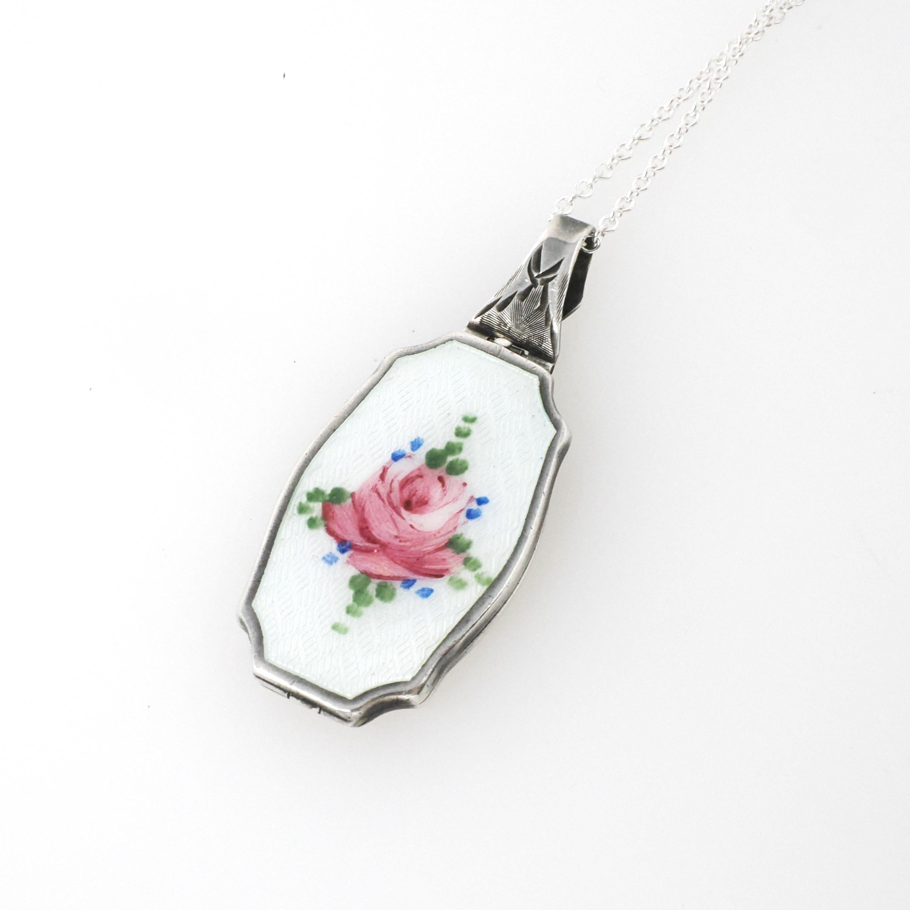 Art Deco Locket - Vintage Sterling Silver White Pink Green Flower Guilloché Enamel Pendant Necklace - Circa 1930s Era Rose Leaves Jewelry
