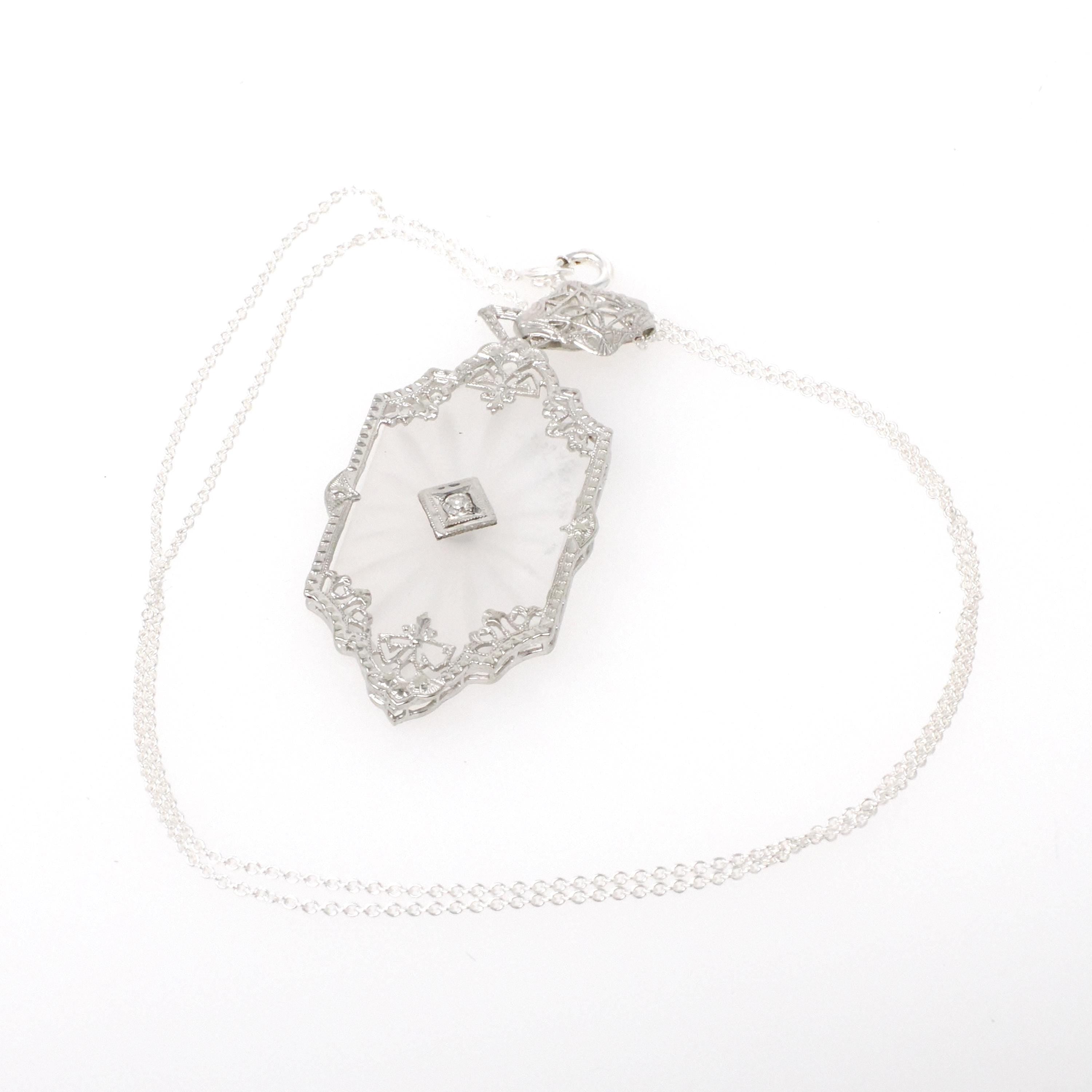 Rock Crystal Quartz Necklace - Art Deco 14k White Gold Natural .04 CT Diamond Pendant - Vintage Circa 1930s Era Statement Filigree Jewelry