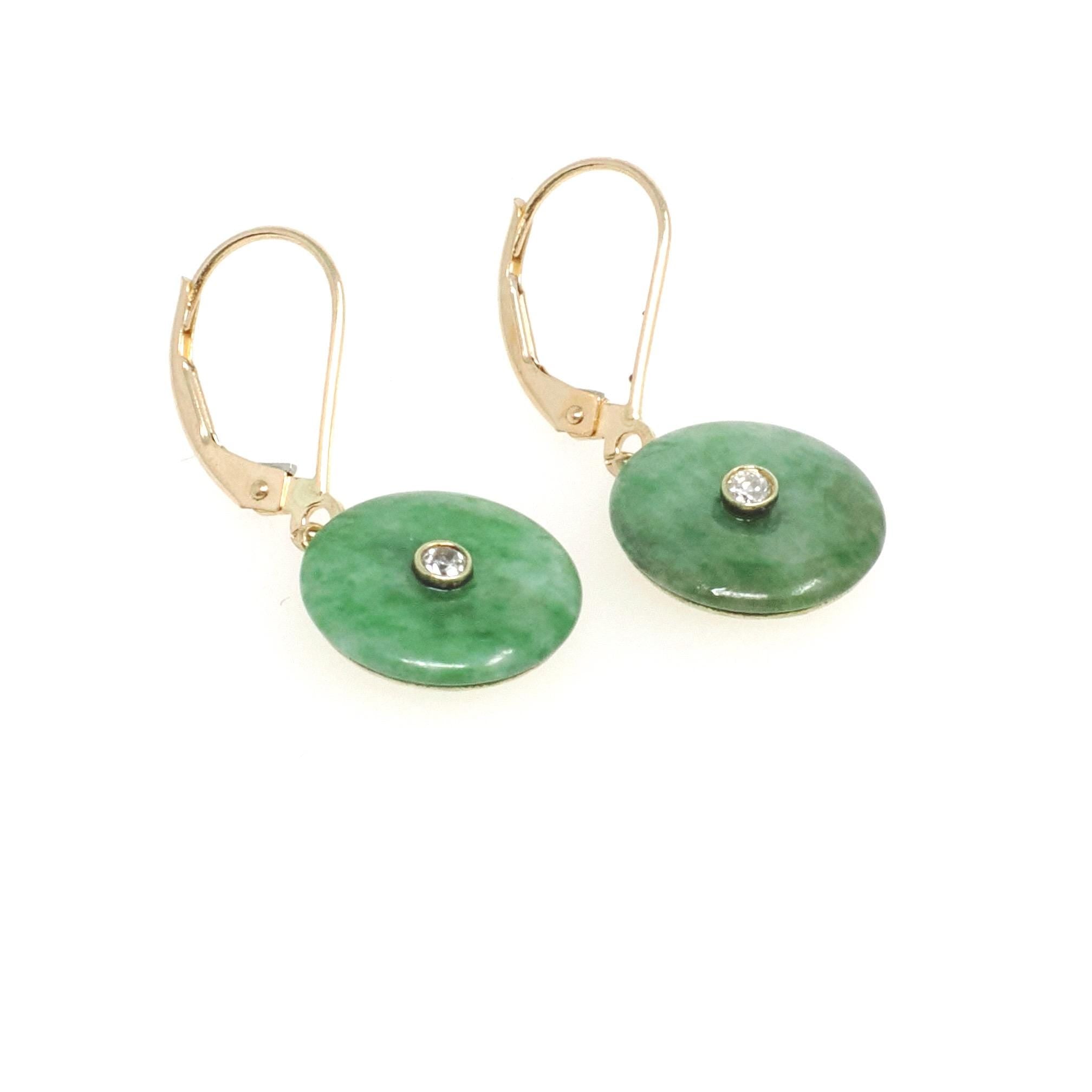 Vintage Jadeite Earrings - Modernist 14k Yellow Gold Round Disc Green Gem Lever Back - Circa 1970s Pierced Ears Diamond Accent Fine Jewelry