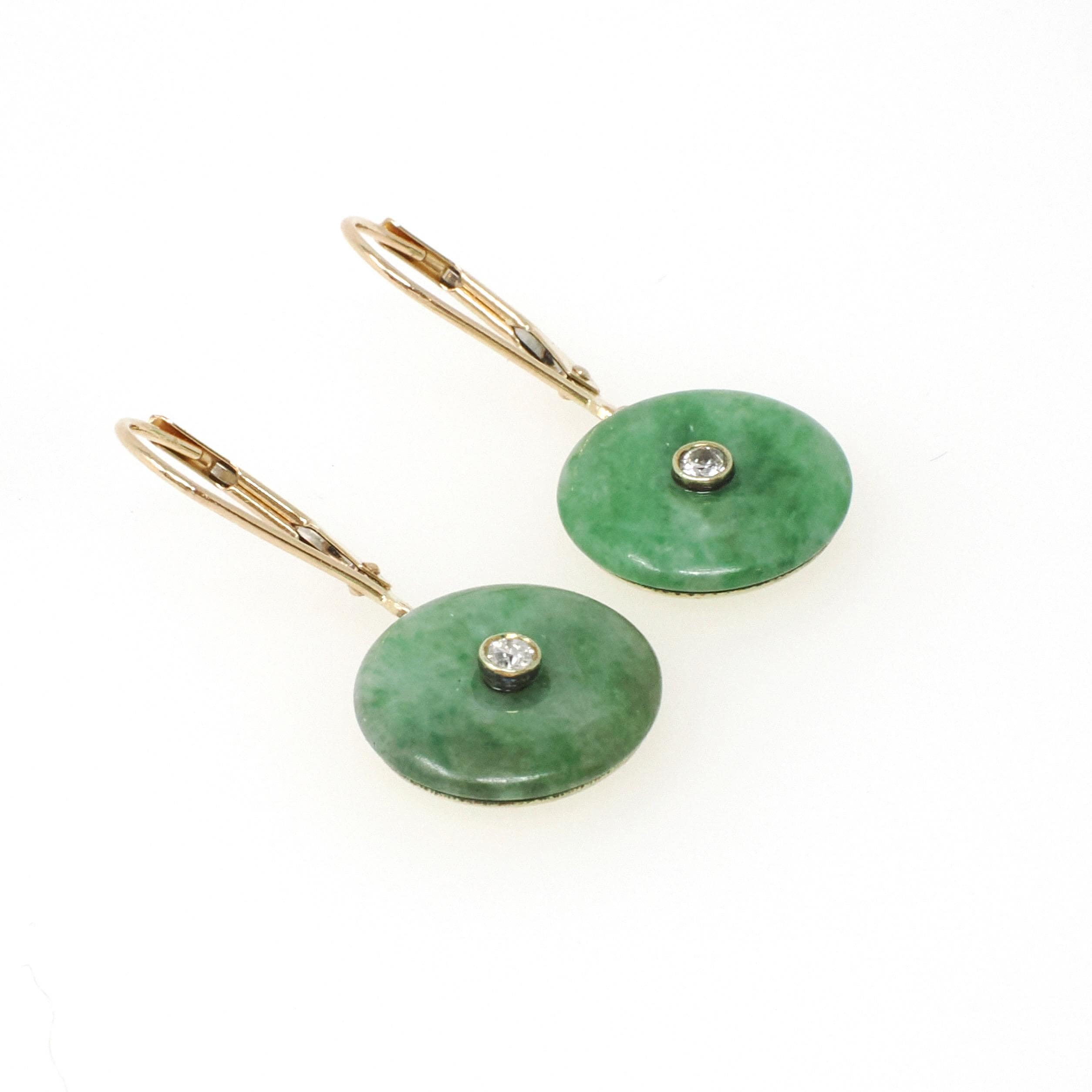 Vintage Jadeite Earrings - Modernist 14k Yellow Gold Round Disc Green Gem Lever Back - Circa 1970s Pierced Ears Diamond Accent Fine Jewelry