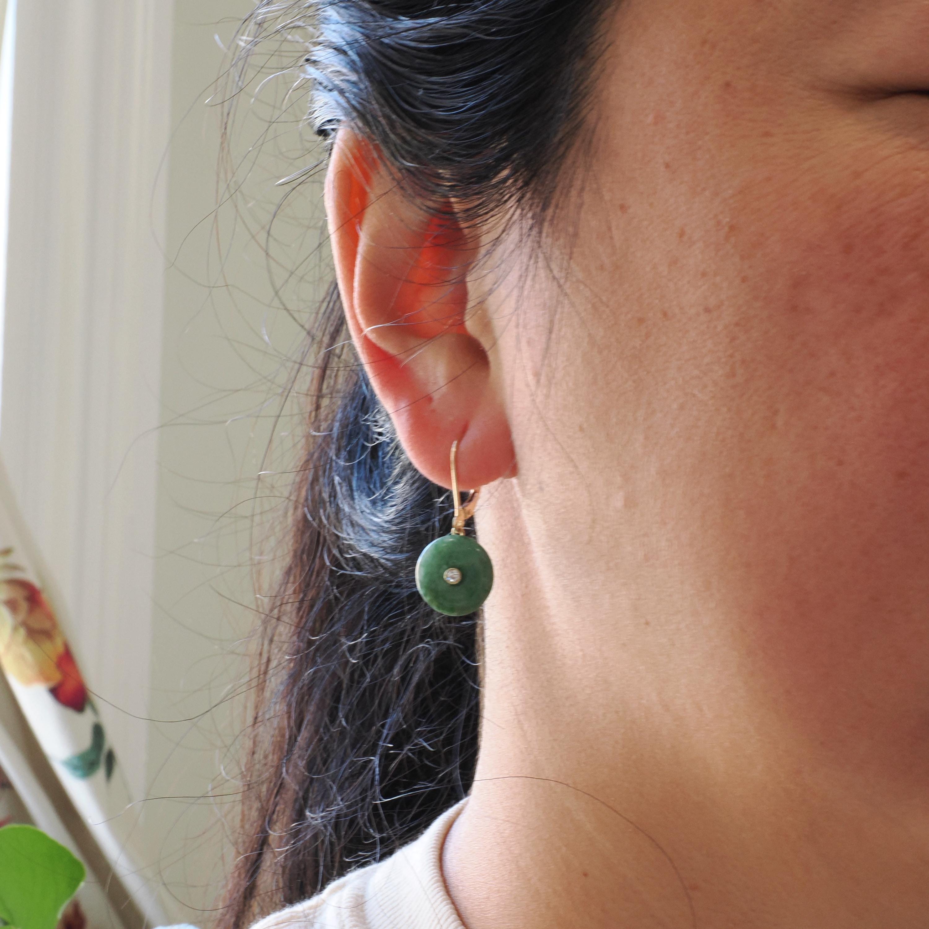 Vintage Jadeite Earrings - Modernist 14k Yellow Gold Round Disc Green Gem Lever Back - Circa 1970s Pierced Ears Diamond Accent Fine Jewelry