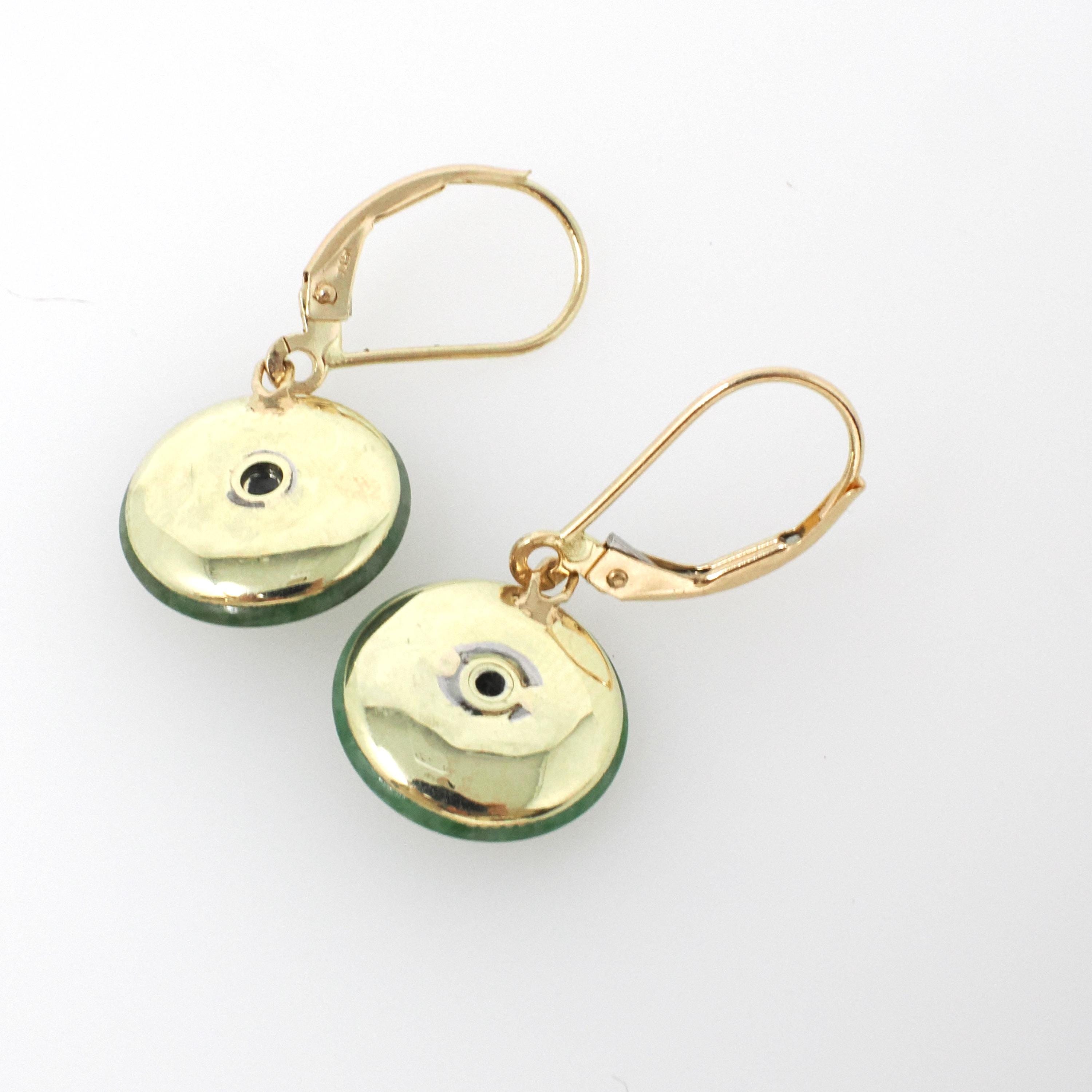Vintage Jadeite Earrings - Modernist 14k Yellow Gold Round Disc Green Gem Lever Back - Circa 1970s Pierced Ears Diamond Accent Fine Jewelry