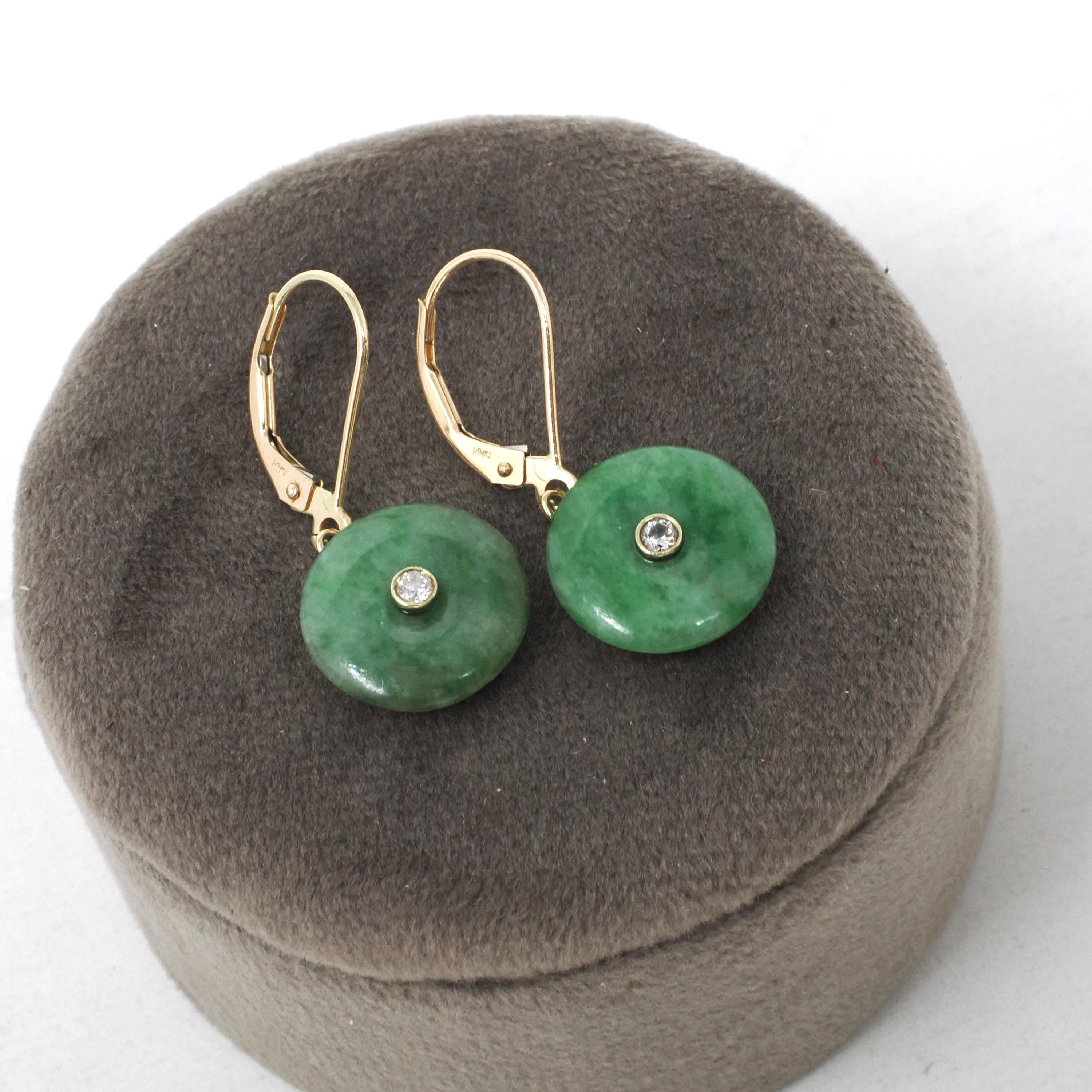 Vintage Jadeite Earrings - Modernist 14k Yellow Gold Round Disc Green Gem Lever Back - Circa 1970s Pierced Ears Diamond Accent Fine Jewelry