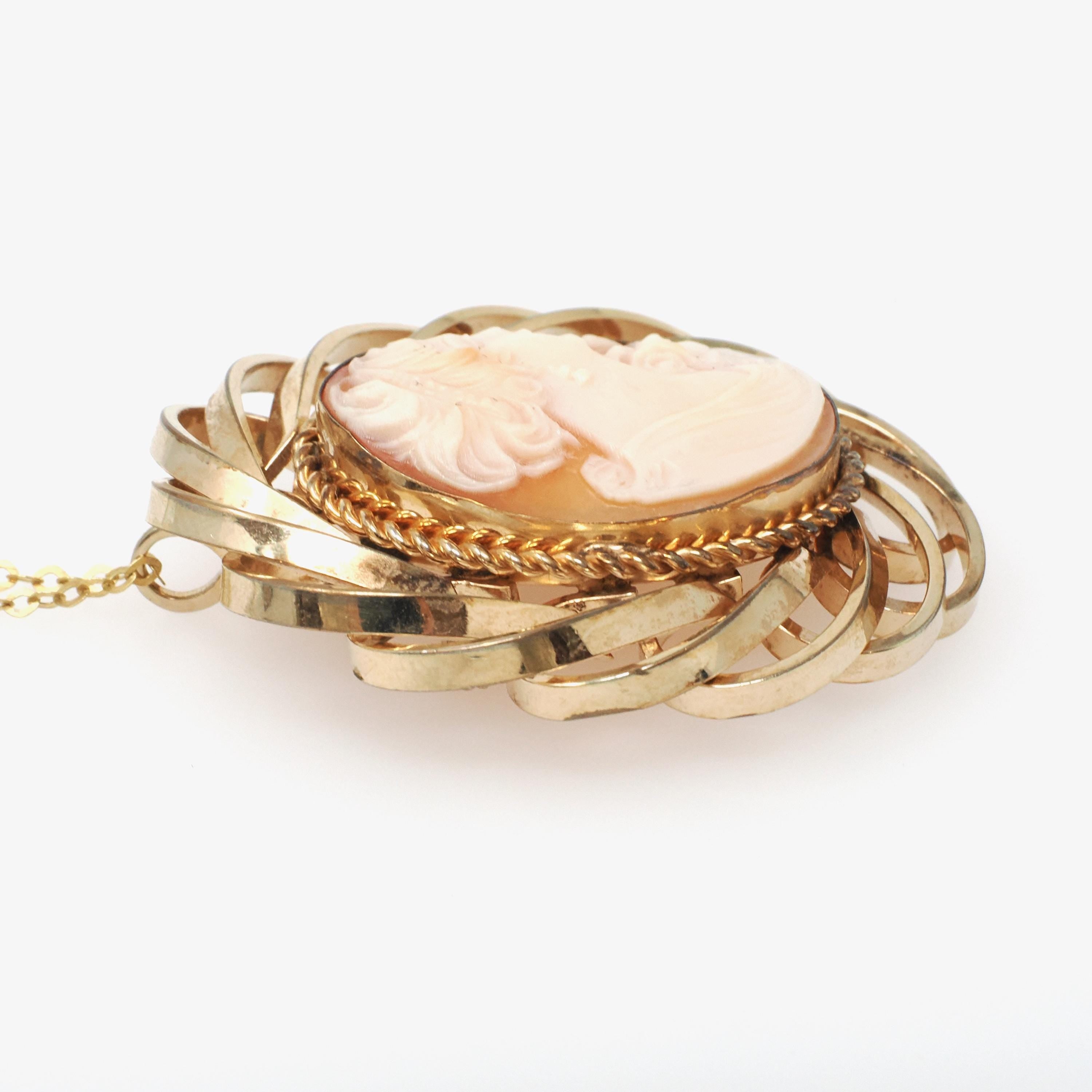 Vintage Cameo Necklace - Mid Century Gold Filled Carved Shell Woman's Profile Brooch Charm - Circa 1960s Era Statement Pendant Fine Jewelry