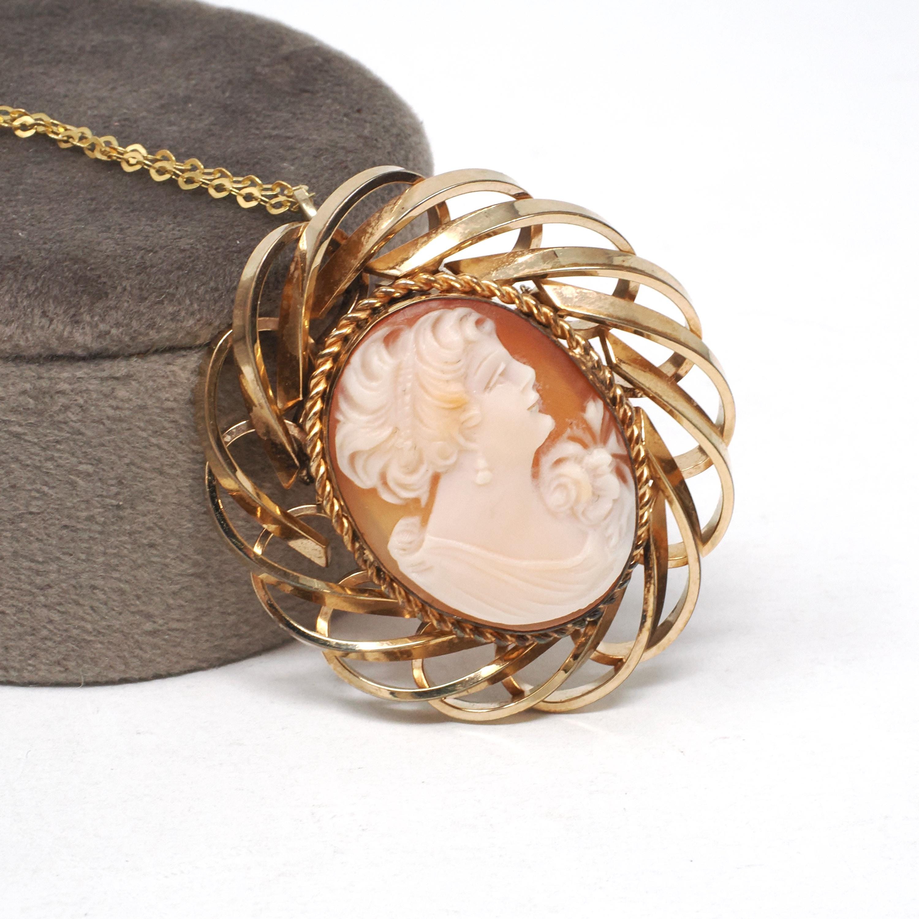 Vintage Cameo Necklace - Mid Century Gold Filled Carved Shell Woman's Profile Brooch Charm - Circa 1960s Era Statement Pendant Fine Jewelry