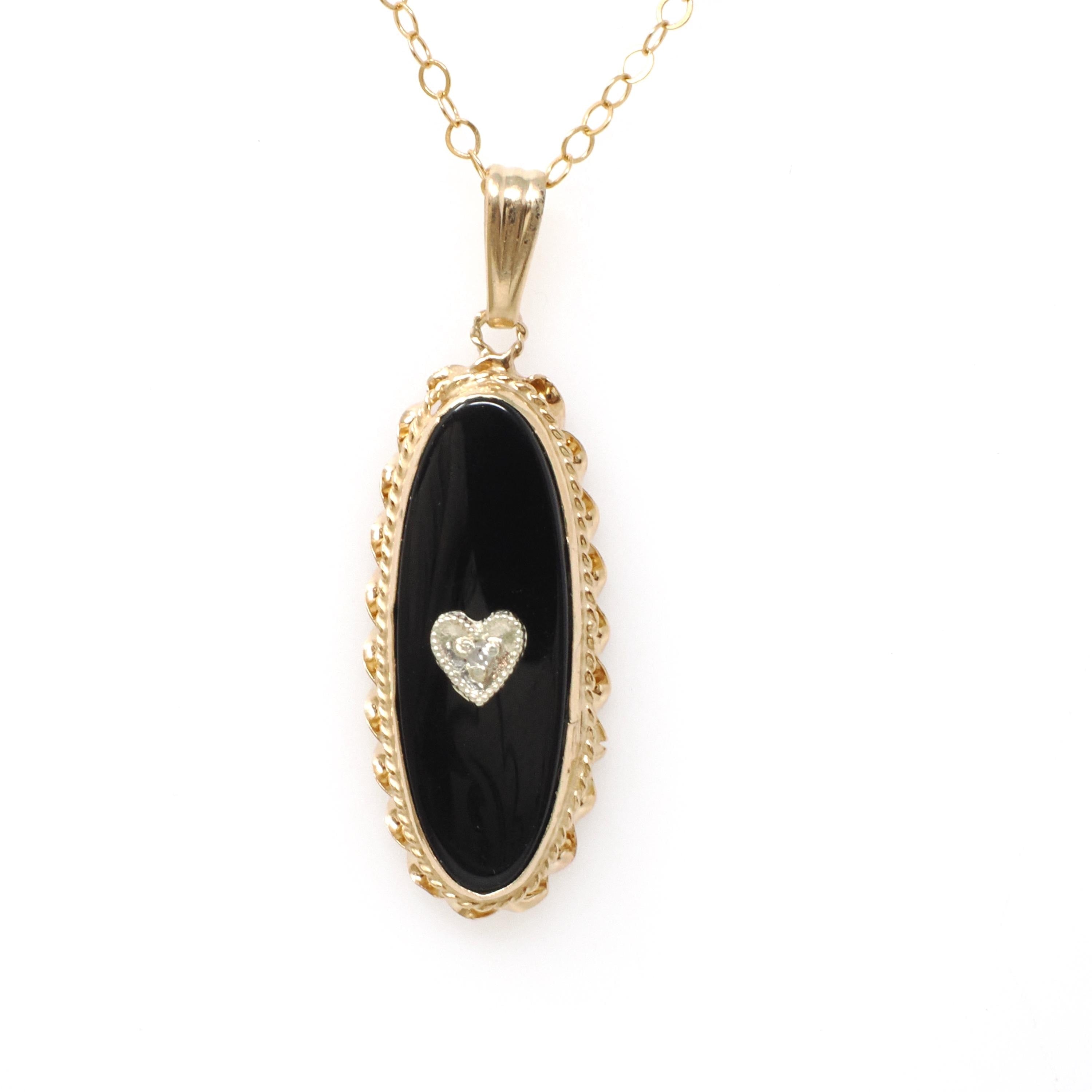 Onyx & Diamond Pendant - Mid Century 14k Yellow Gold Black Chalcedony Gemstone Necklace - Vintage Circa 1960s Charm Fine Statement Jewelry