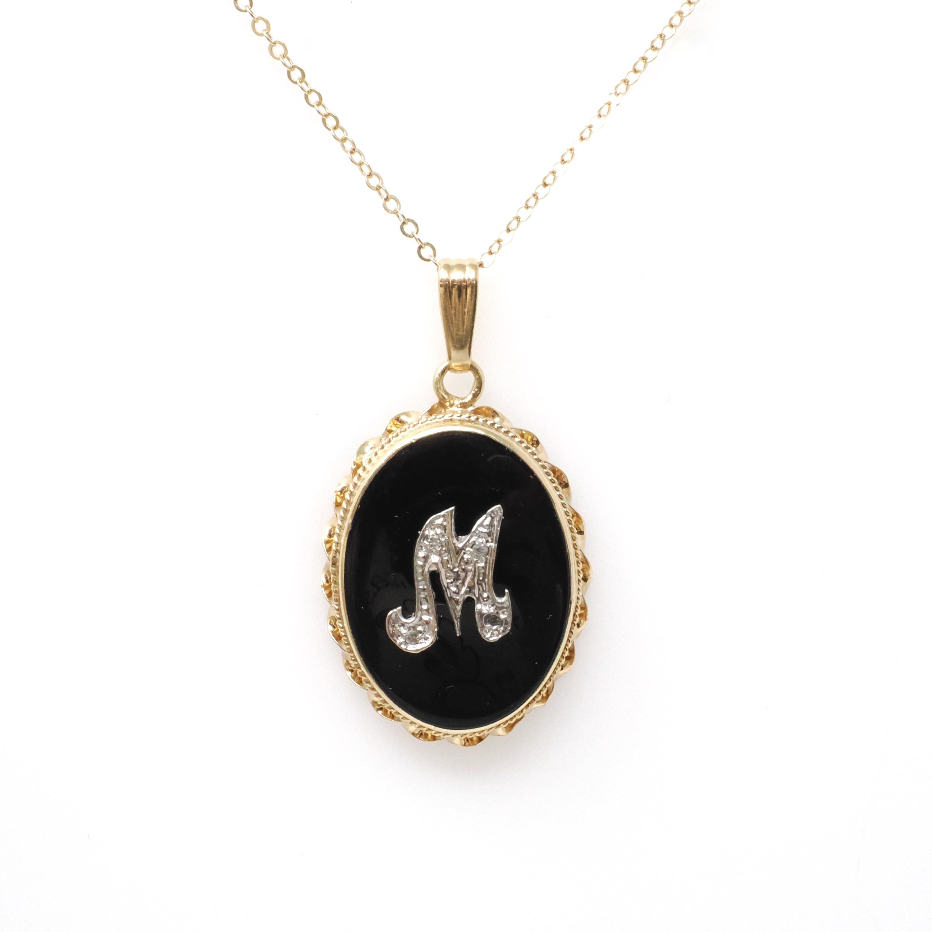 Letter "M" Pendant - Mid Century 14K Yellow Gold Natural Onyx & Diamond Charm - Vintage Circa 1960s Initial Necklace Fine Statement Jewelry
