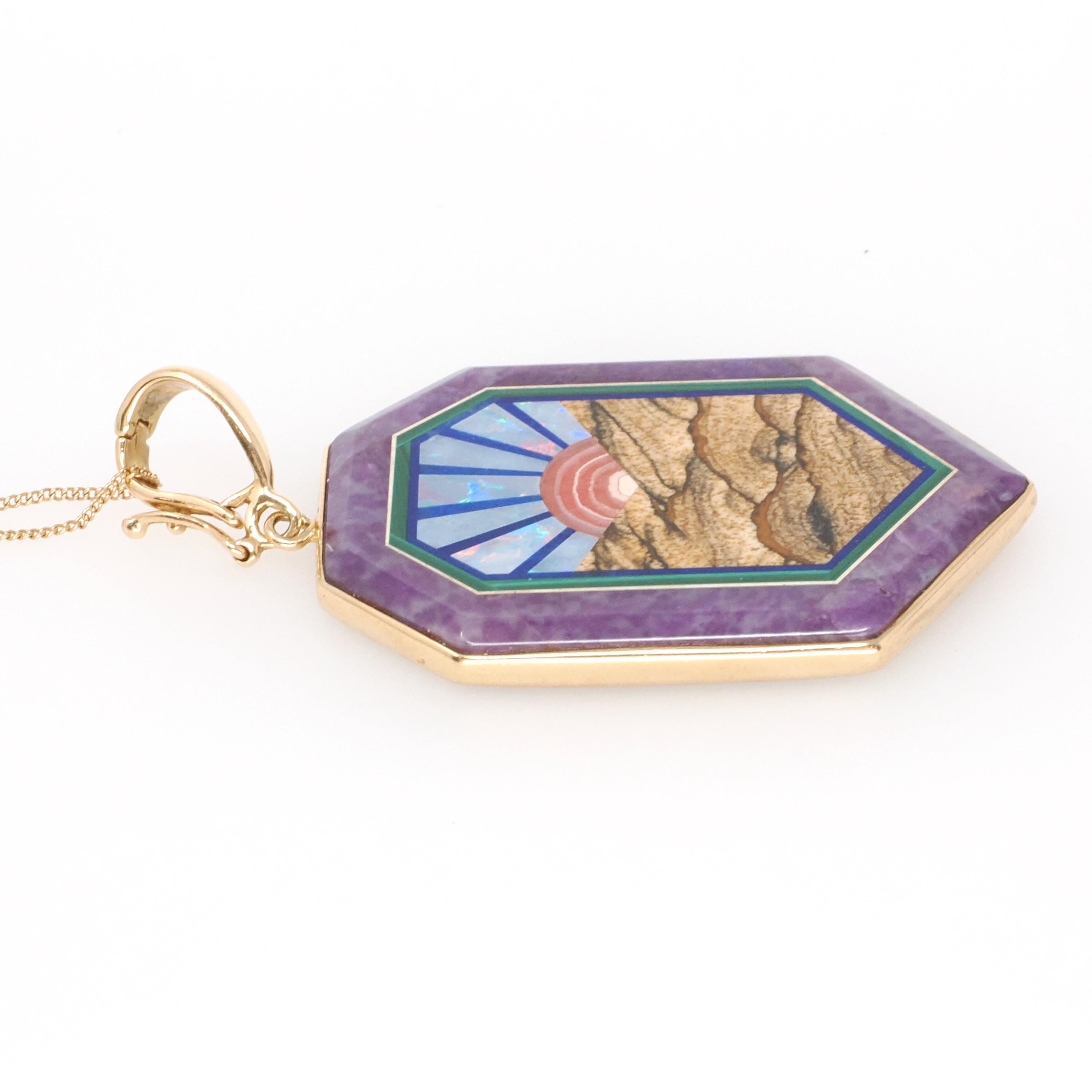 Gemstone Enhancer Pendant - Modern 14k Yellow Gold Natural Inlayed Intarsia Sunrise Design - Circa 2000s Era Mystical Scene Fine Jewelry