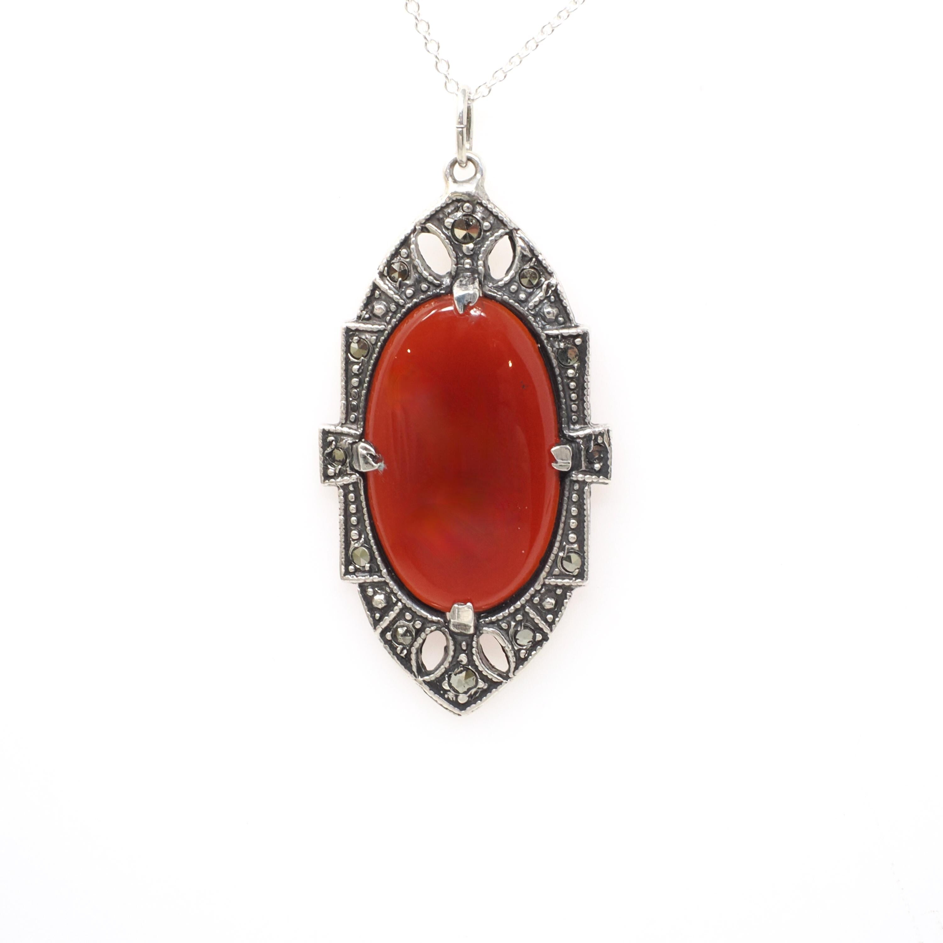 Silver Art Deco Pendant - Vintage Sterling Natural Carnelian & Marcasite Gemstone Shield Necklace - Circa 1930s Era Flapper Fashion Jewelry