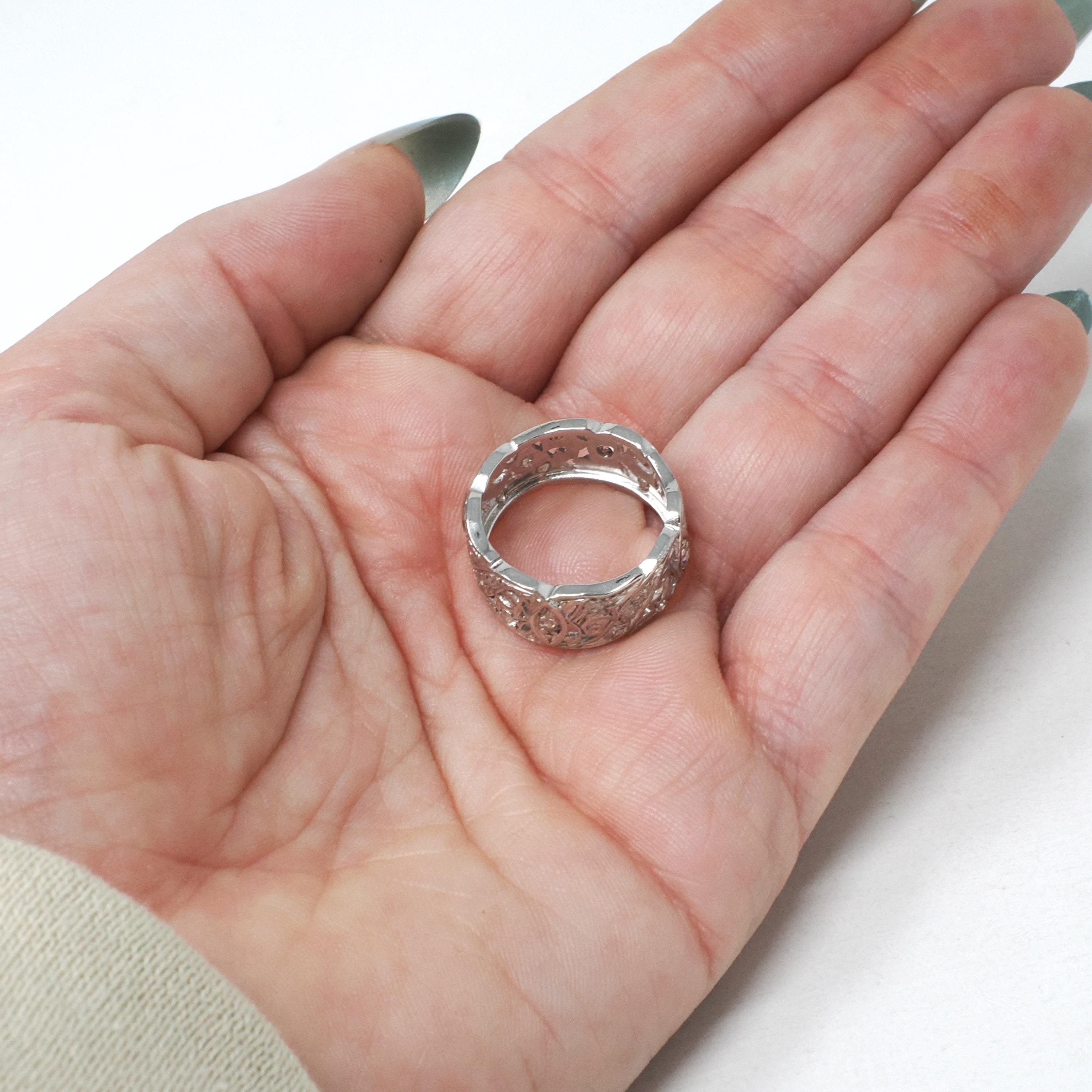 Diamond Eternity Band - Vintage Platinum .55 CTW Open Metal Filigree Continuous Ring - Mid Century Circa 1950s Size 5 Fine Bridal Jewelry