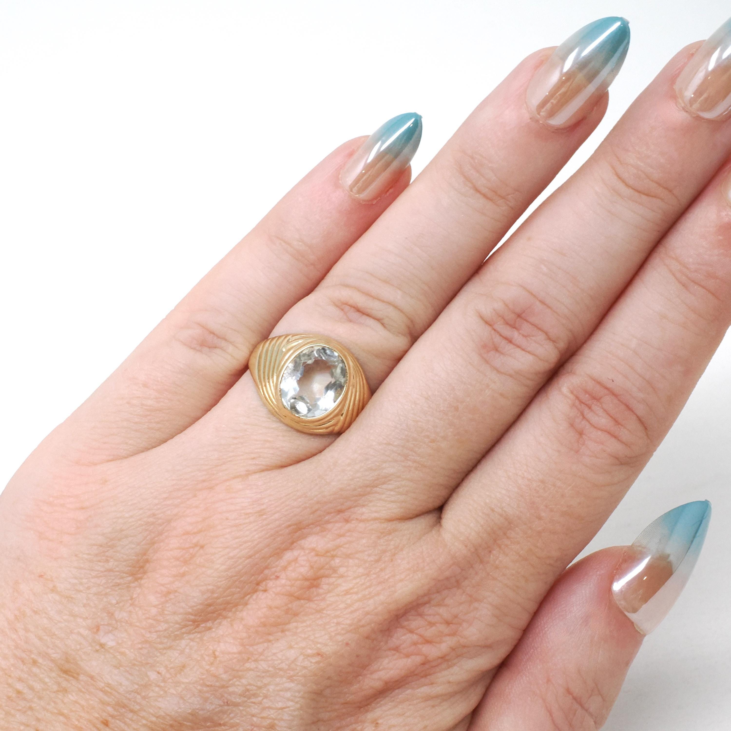Vintage Glass Ring - Modernist 10k Yellow Gold Clear Pale Blue Oval Cut Faceted Stone - Circa Late 1960s Size 5 3/4 Fine Statement Jewelry