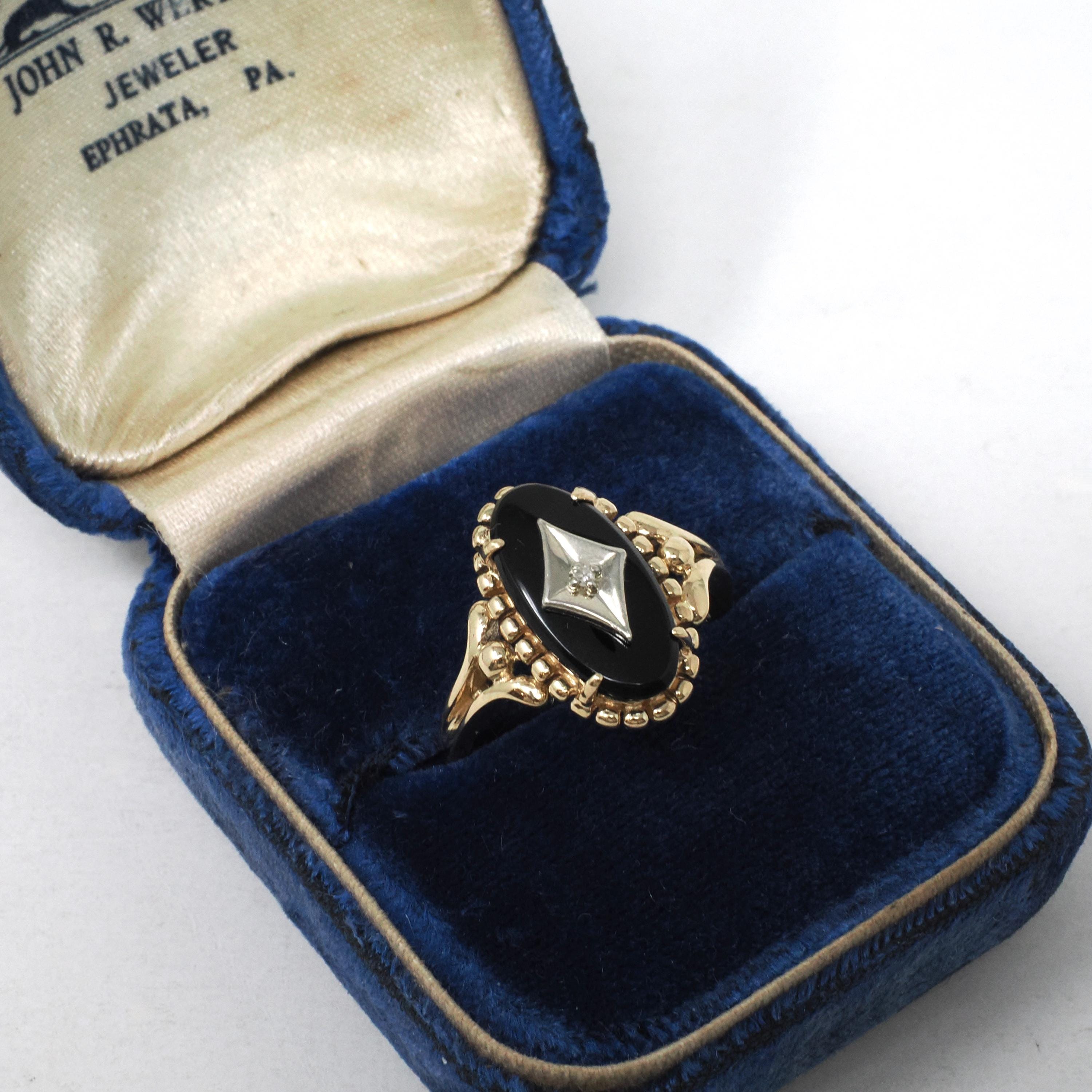 Vintage Onyx Ring - Mid Century 10k Yellow Gold Black Chalcedony & .01 CT Natural Diamond - Circa 1960s Era Size 8.5 Statement Fine Jewelry