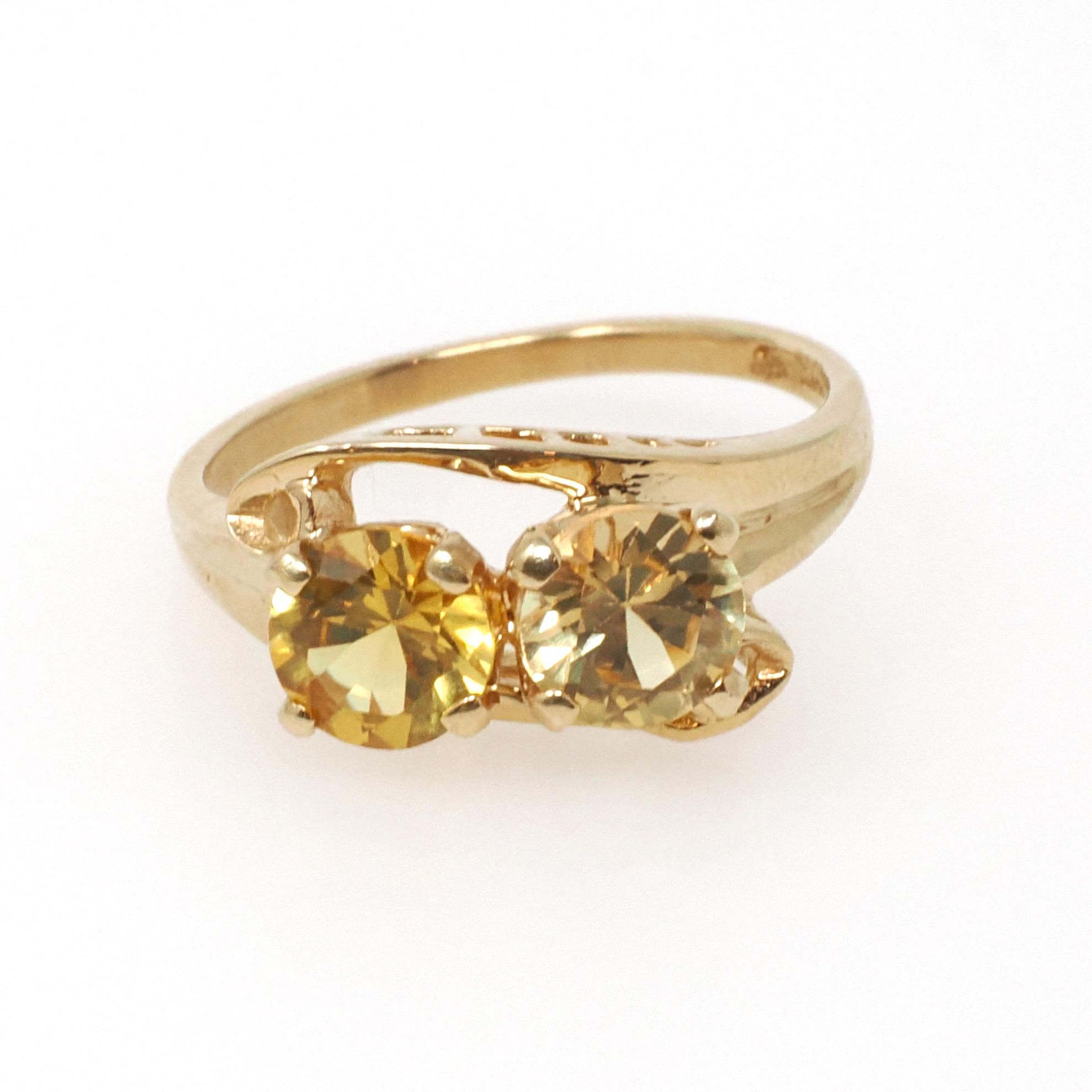 Vintage Toi Et Moi Ring - Mid Century 10k Yellow Gold Two Created Yellow Sapphire Gemstone Bypass - Circa 1960s Era Size 6 1/4 Fine Jewelry