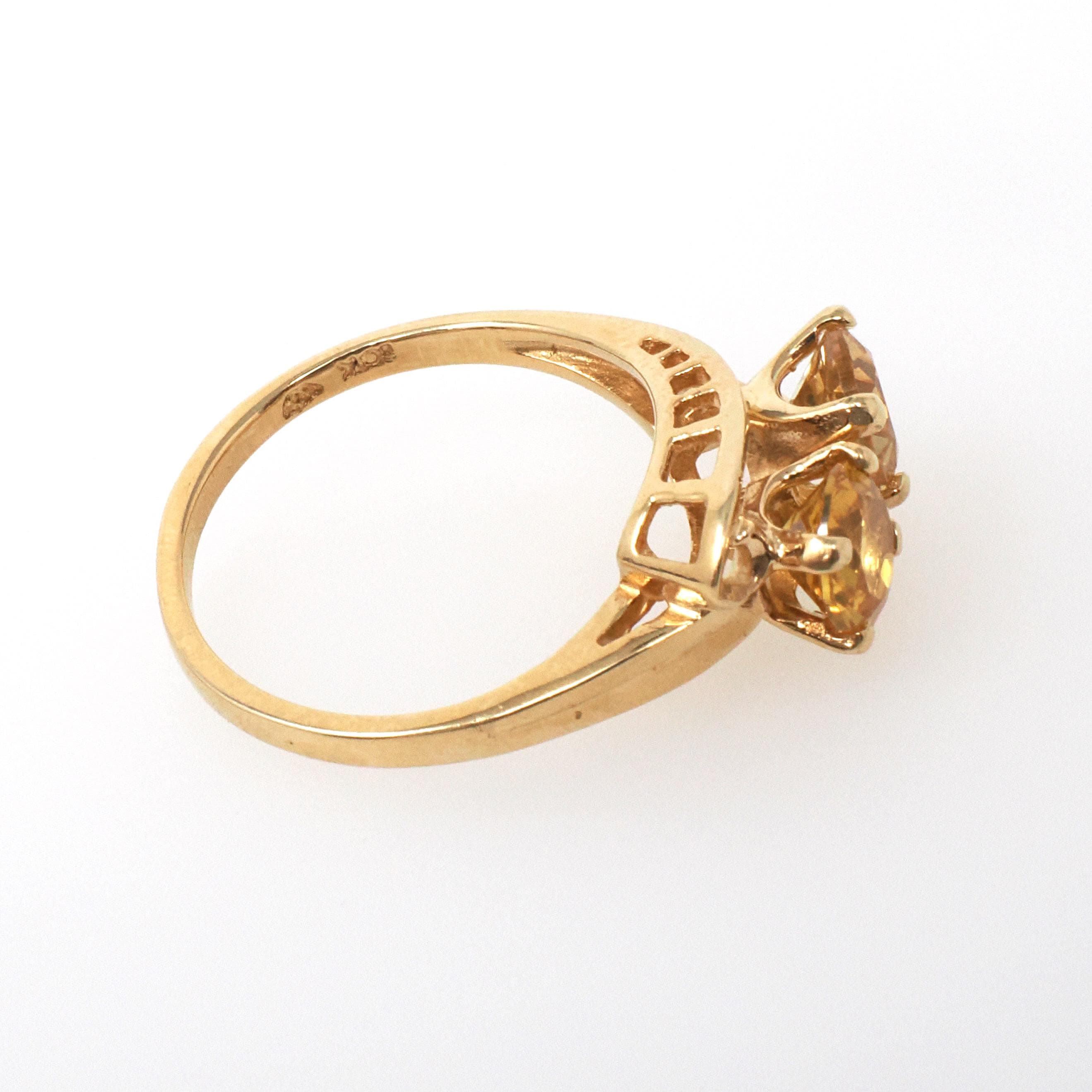 Vintage Toi Et Moi Ring - Mid Century 10k Yellow Gold Two Created Yellow Sapphire Gemstone Bypass - Circa 1960s Era Size 6 1/4 Fine Jewelry