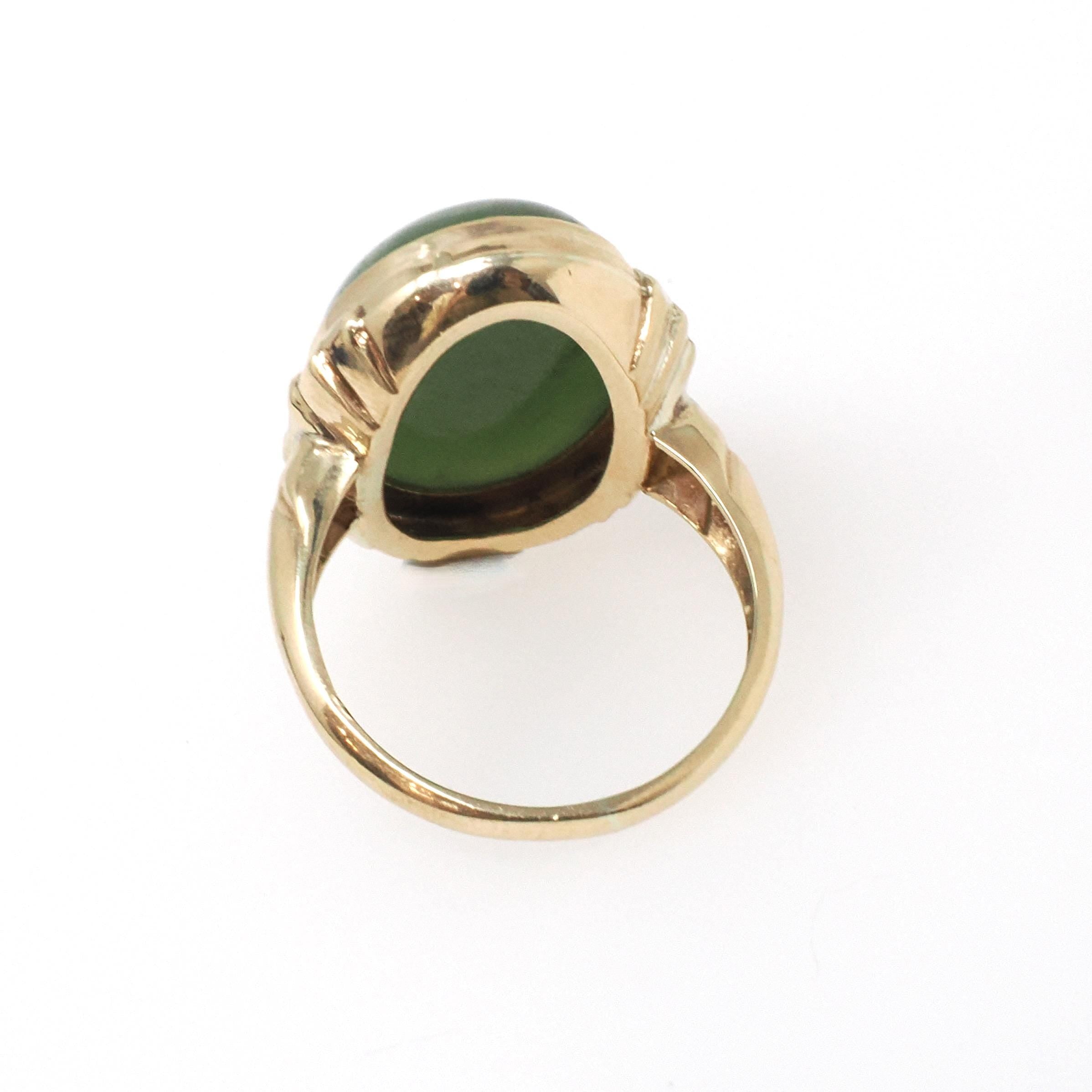 Nephrite Jade Ring - Retro 10k Yellow Gold Natural Cabochon Cut 9.50 CT Dark Green Gem - Vintage Circa 1940s Era Size 5 3/4 Fine 40s Jewelry