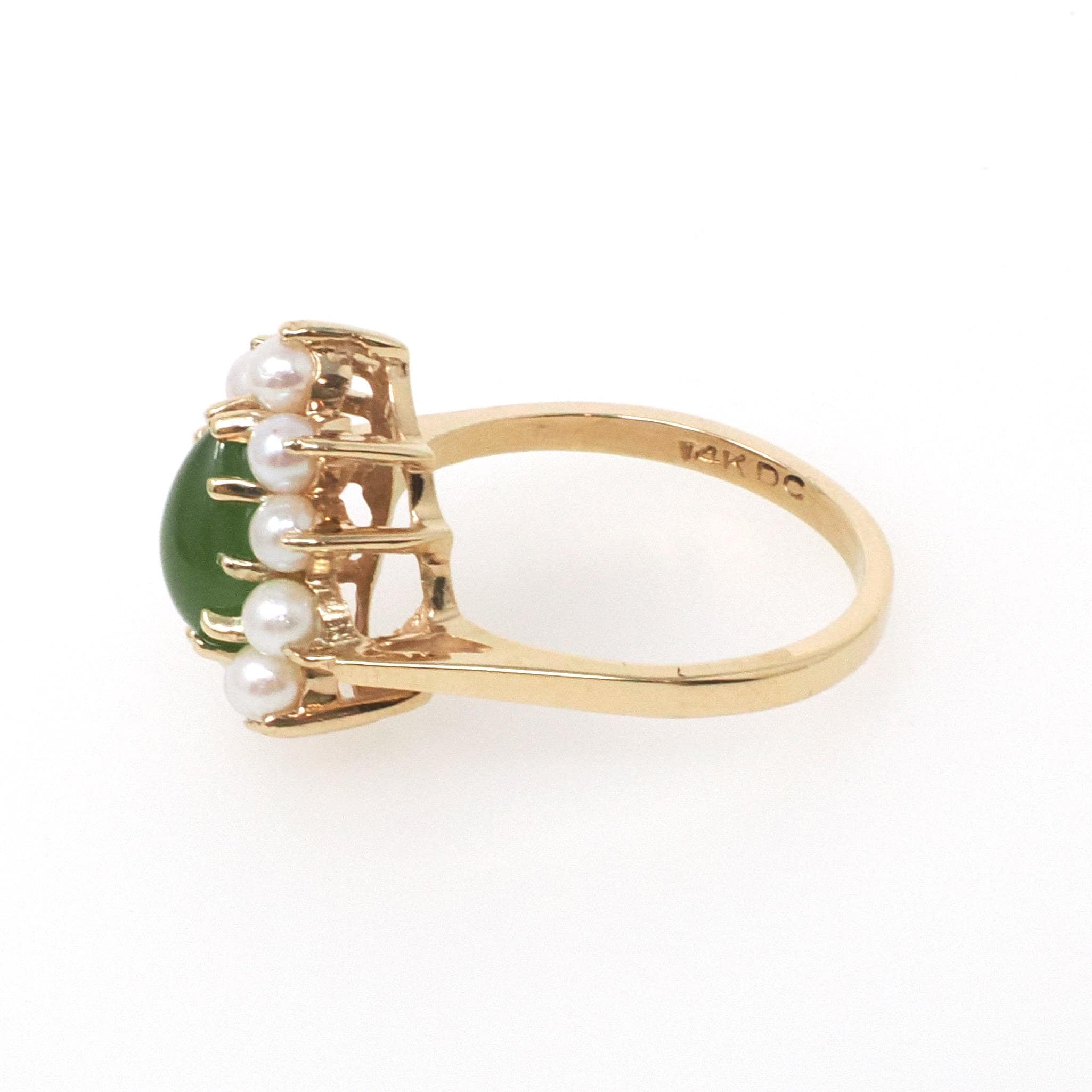 Vintage Halo Ring - Retro Modern 14k Yellow Gold Green Nephrite Jade and Seed Pearls - Circa 1970s Era Size 7 Fine Dainty Statement Jewelry