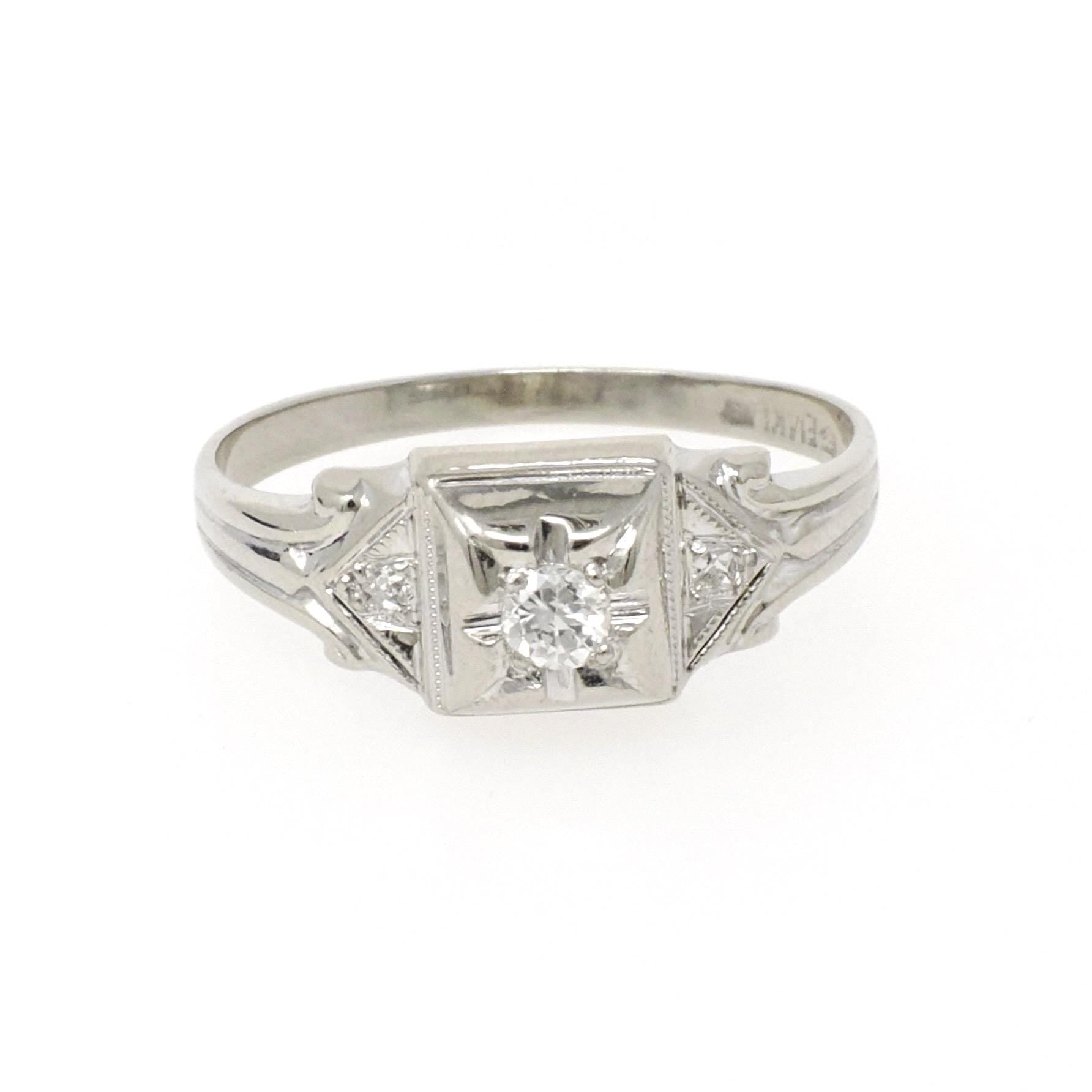 Art Deco Diamond Ring - Vintage 14k White Gold .09 CTW Star Incised Dainty Engagement - Circa 1930s Size 5 1/4 Fine Classic Bridal Jewelry