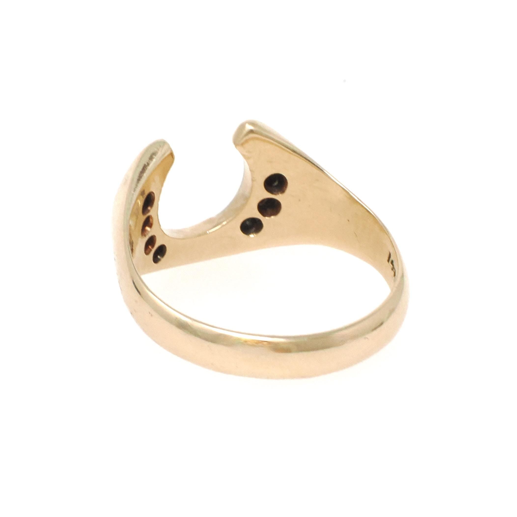 Vintage Horseshoe Ring - Modernist 14k Yellow Gold .06 CTW Natural Diamonds Equestrian Statement Band - Circa 1970s Size 7 1/4 Fine Jewelry
