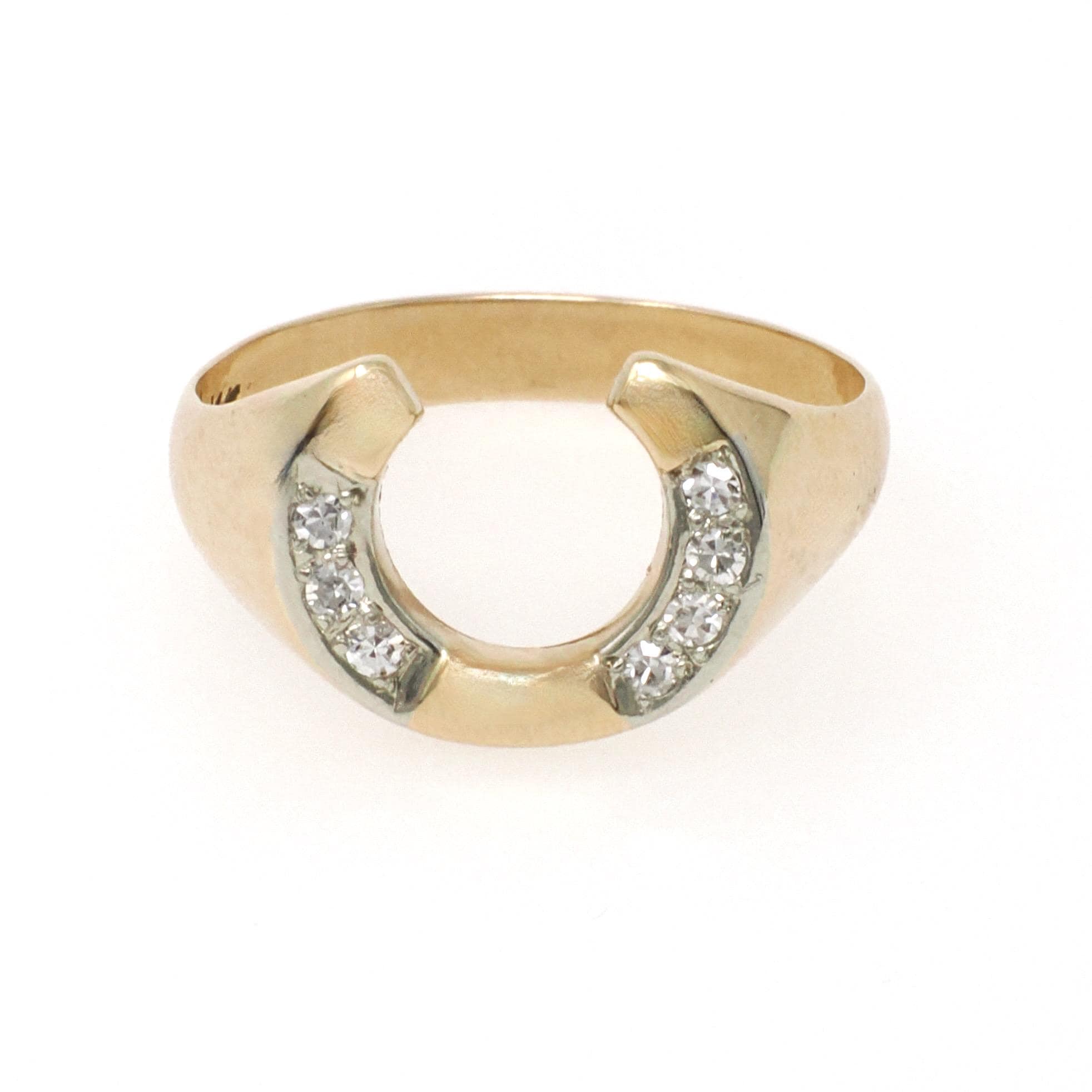 Vintage Horseshoe Ring - Modernist 14k Yellow Gold .06 CTW Natural Diamonds Equestrian Statement Band - Circa 1970s Size 7 1/4 Fine Jewelry