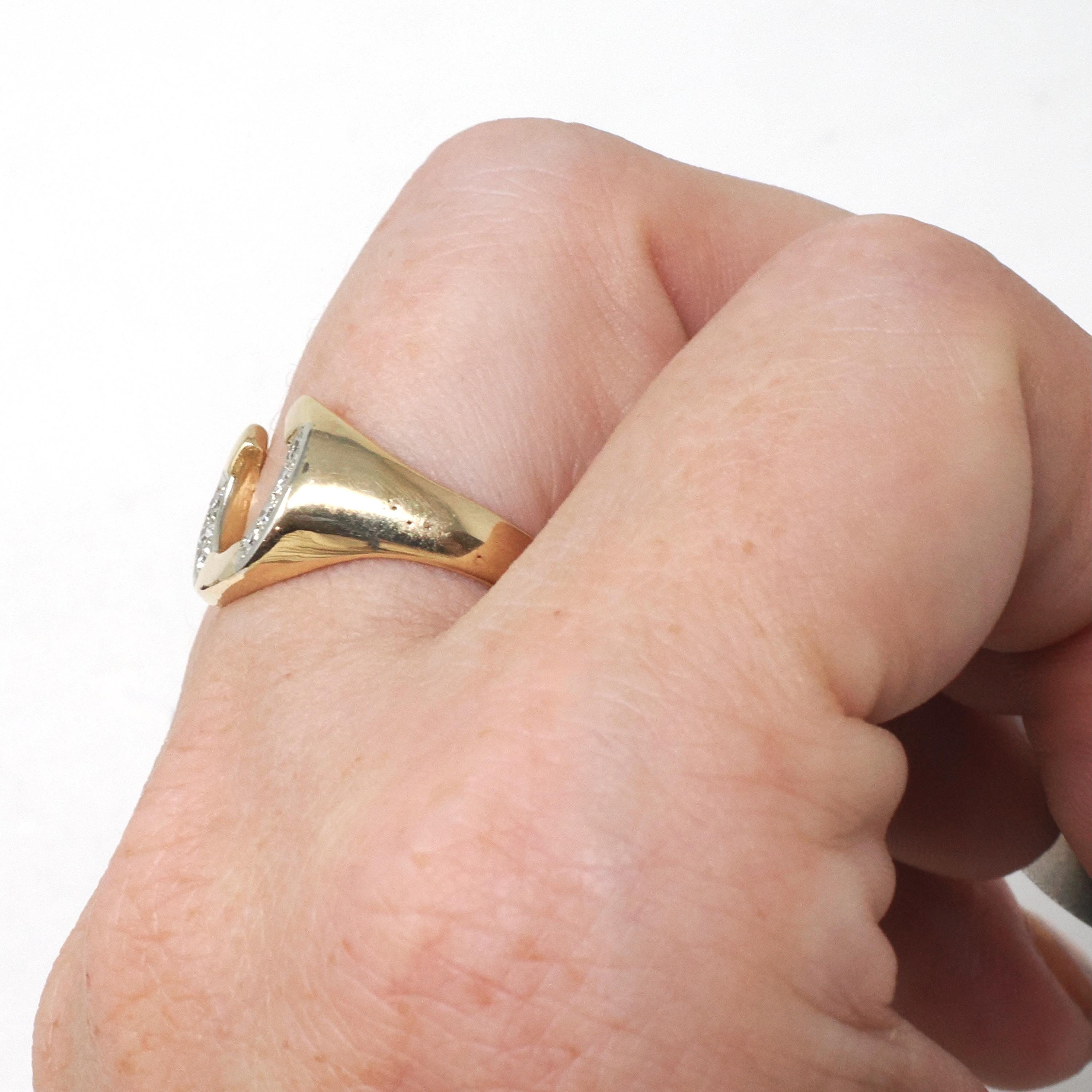 Vintage Horseshoe Ring - Modernist 14k Yellow Gold .06 CTW Natural Diamonds Equestrian Statement Band - Circa 1970s Size 7 1/4 Fine Jewelry