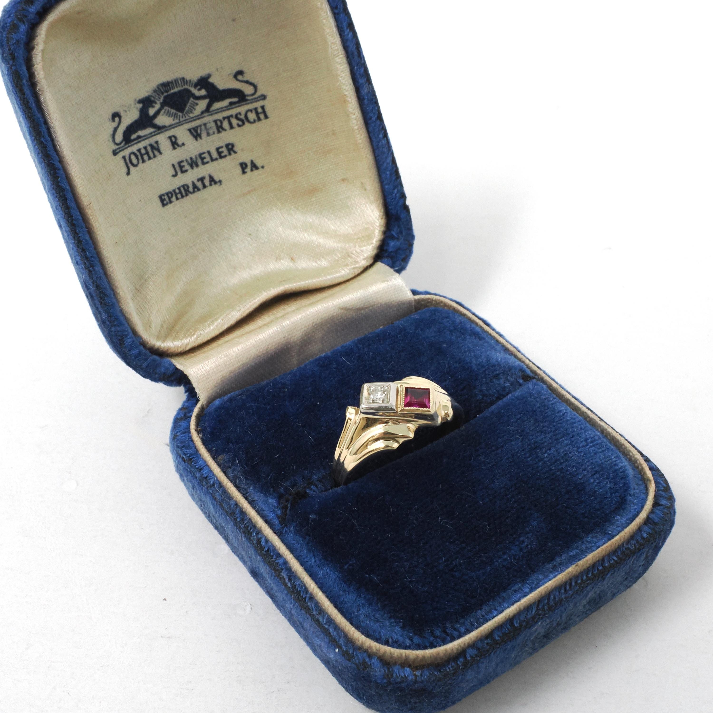 Created Ruby & Diamond Ring - Retro 14k Yellow White Gold Toi Et Moi Gems - Vintage Circa 1940s Size 4.75 July April Birthstone Fine Jewelry