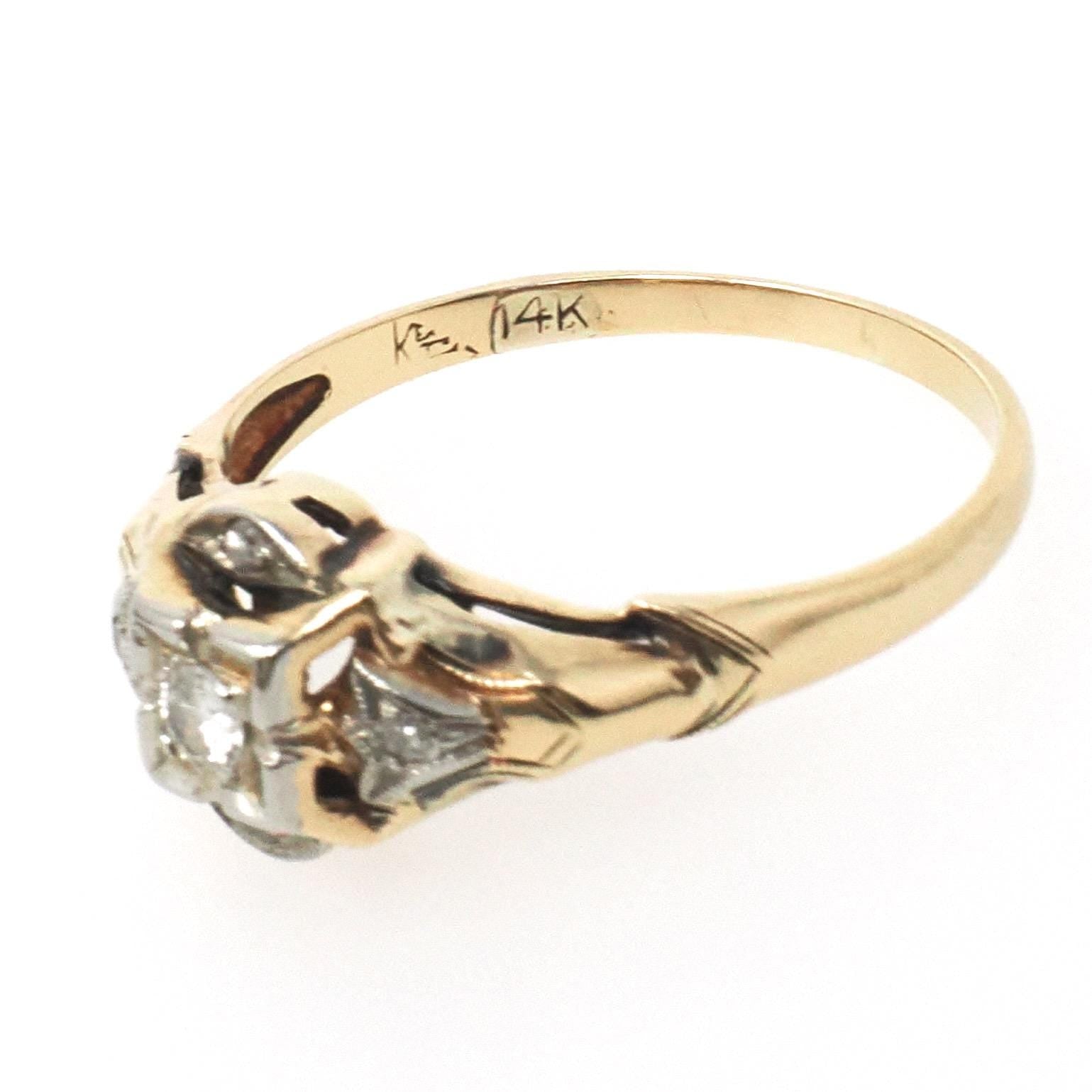 Vintage Diamond Ring - Mid Century 14k Yellow & White Gold .07 CTW Natural Two Tone Engagement - Circa 1950s Era Size 6 3/4 Fine Jewelry