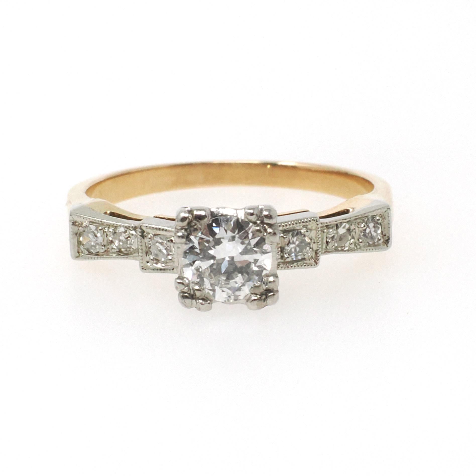 Vintage Diamond Ring - Mid Century 14k Yellow Gold & Platinum .46 CTW Natural Two Tone Engagement - Circa 1950s Era Size 6 1/4 Fine Jewelry