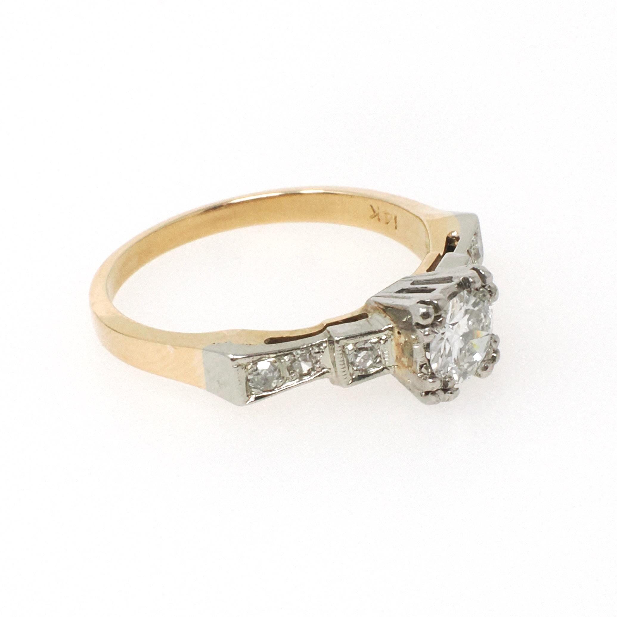 Vintage Diamond Ring - Mid Century 14k Yellow Gold & Platinum .46 CTW Natural Two Tone Engagement - Circa 1950s Era Size 6 1/4 Fine Jewelry