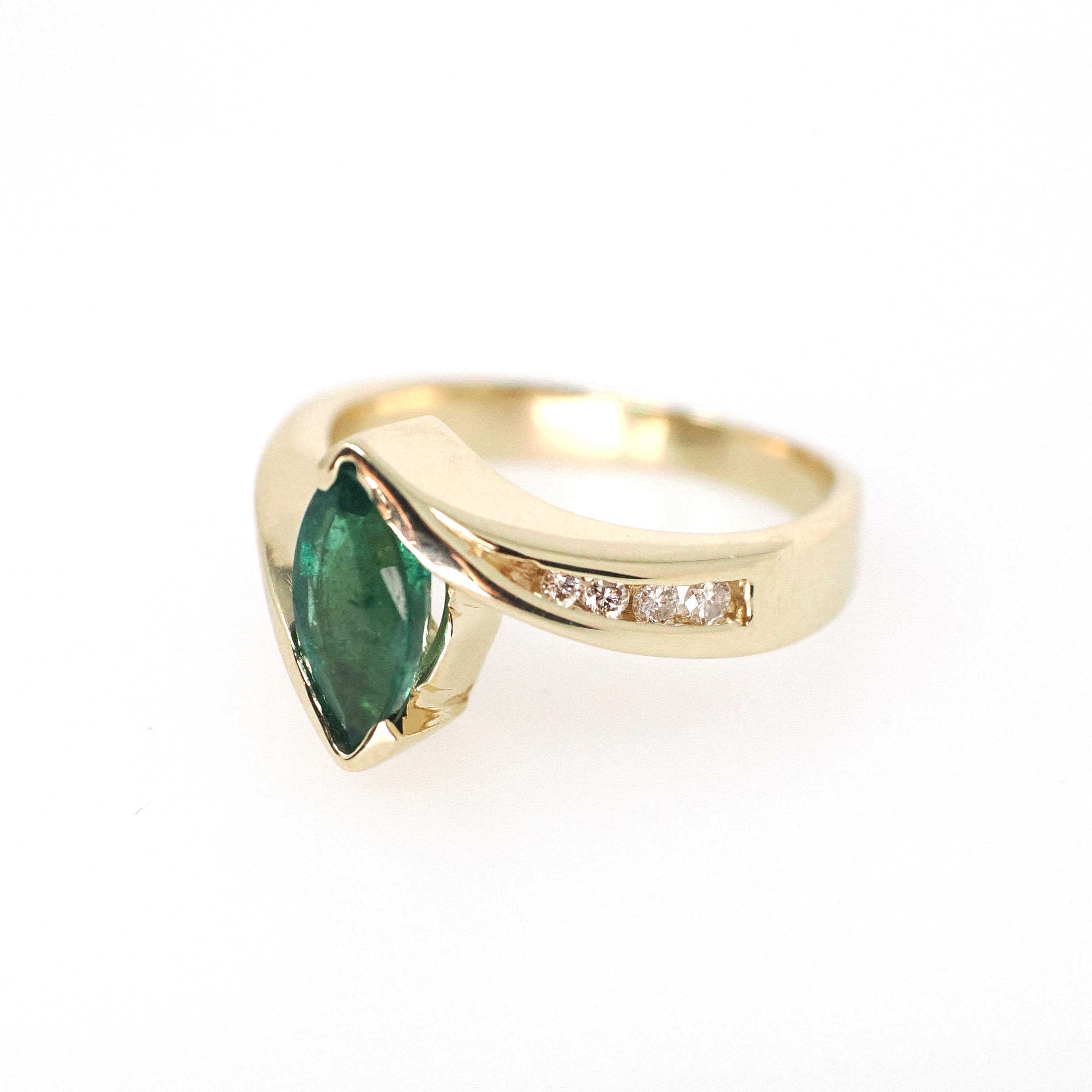 Emerald Engagement Ring - Contemporary 14k Yellow Gold Navette Natural Green Marquise Gemstone Bypass - Size 5.5 May Birthstone Fine Jewelry