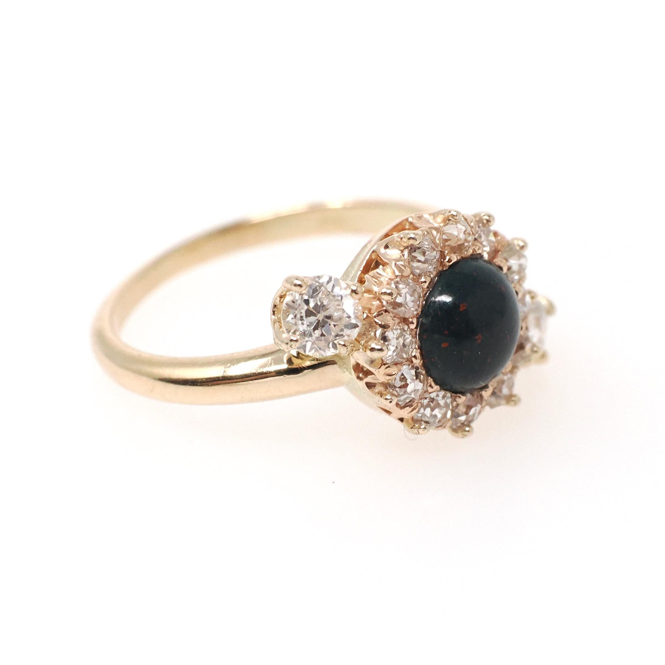 Bloodstone Halo Ring - Victorian Conversion 14k Yellow Gold Round Cabochon Cut Gem & .45 CTW Diamonds - Circa 1890s Era Size 5 Fine Jewelry