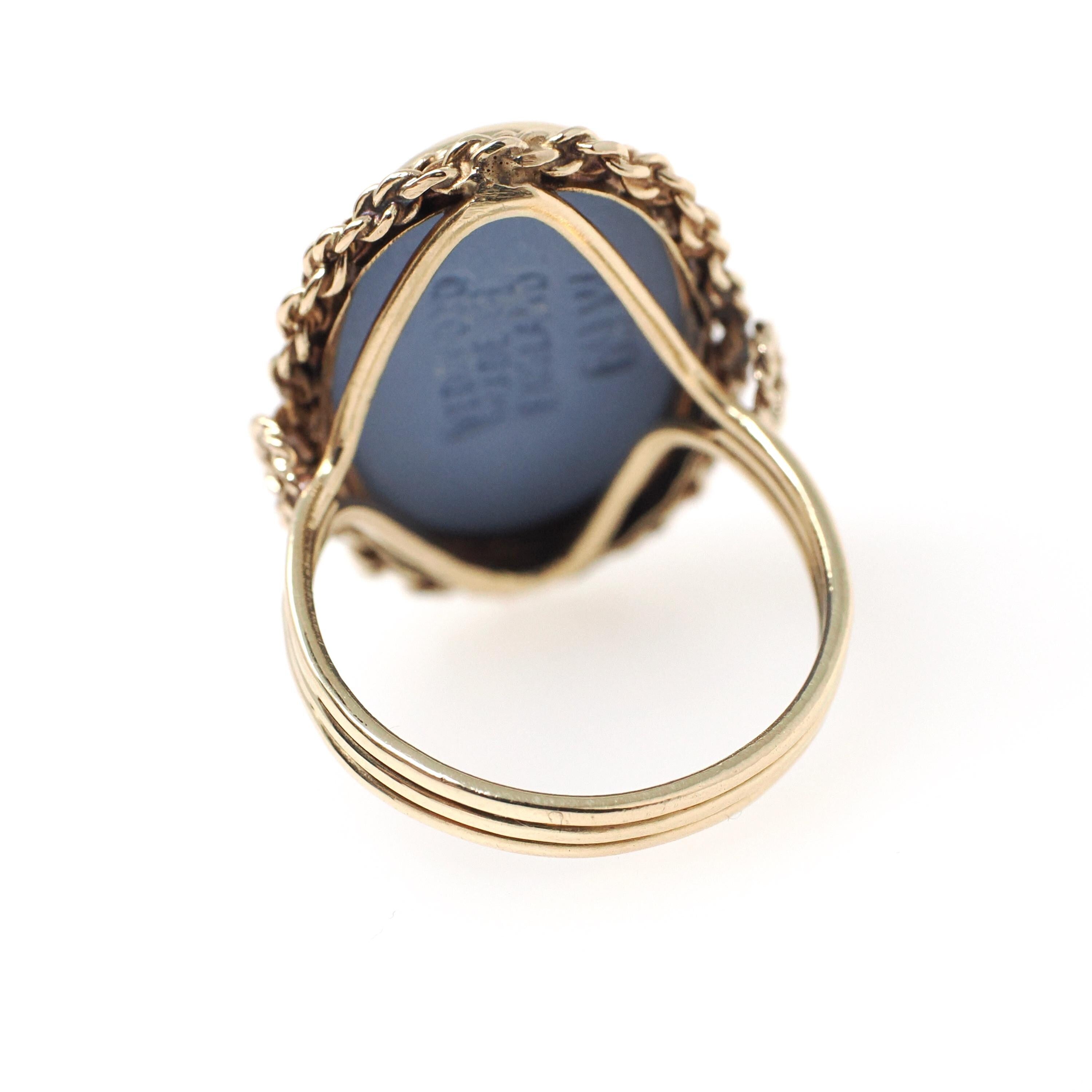 Wedgwood Cameo Ring - Vintage 14k Yellow Gold Blue & White Figural Shield - Hallmarked 1969 Allegory Of Hope Fine English Porcelain Jewelry