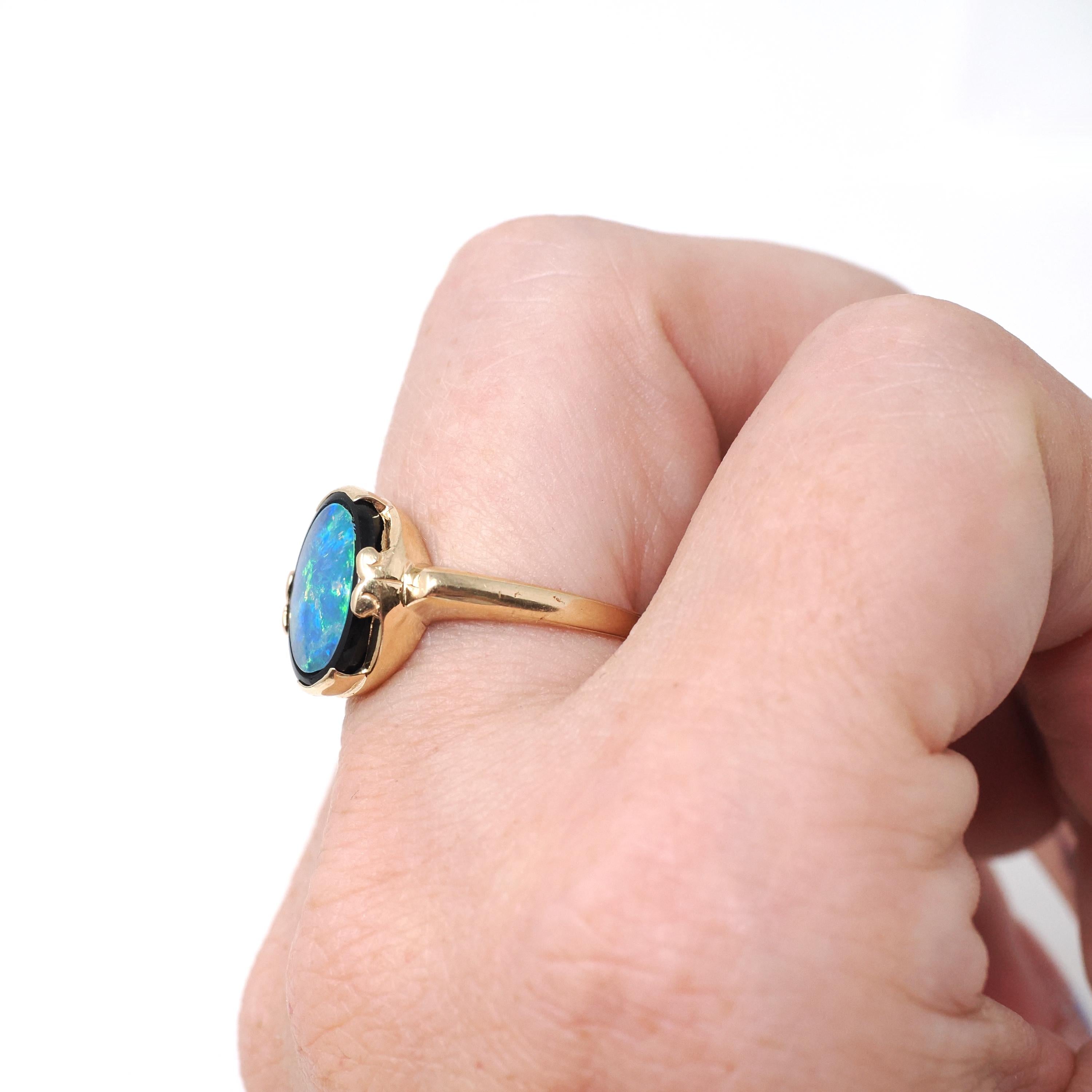 Vintage Opal & Onyx Ring - Modernist 14k Yellow Gold Oval Inlayed Statement Gem - Circa Late 1960s Era Size 7 1/4 Play of Color Fine Jewelry