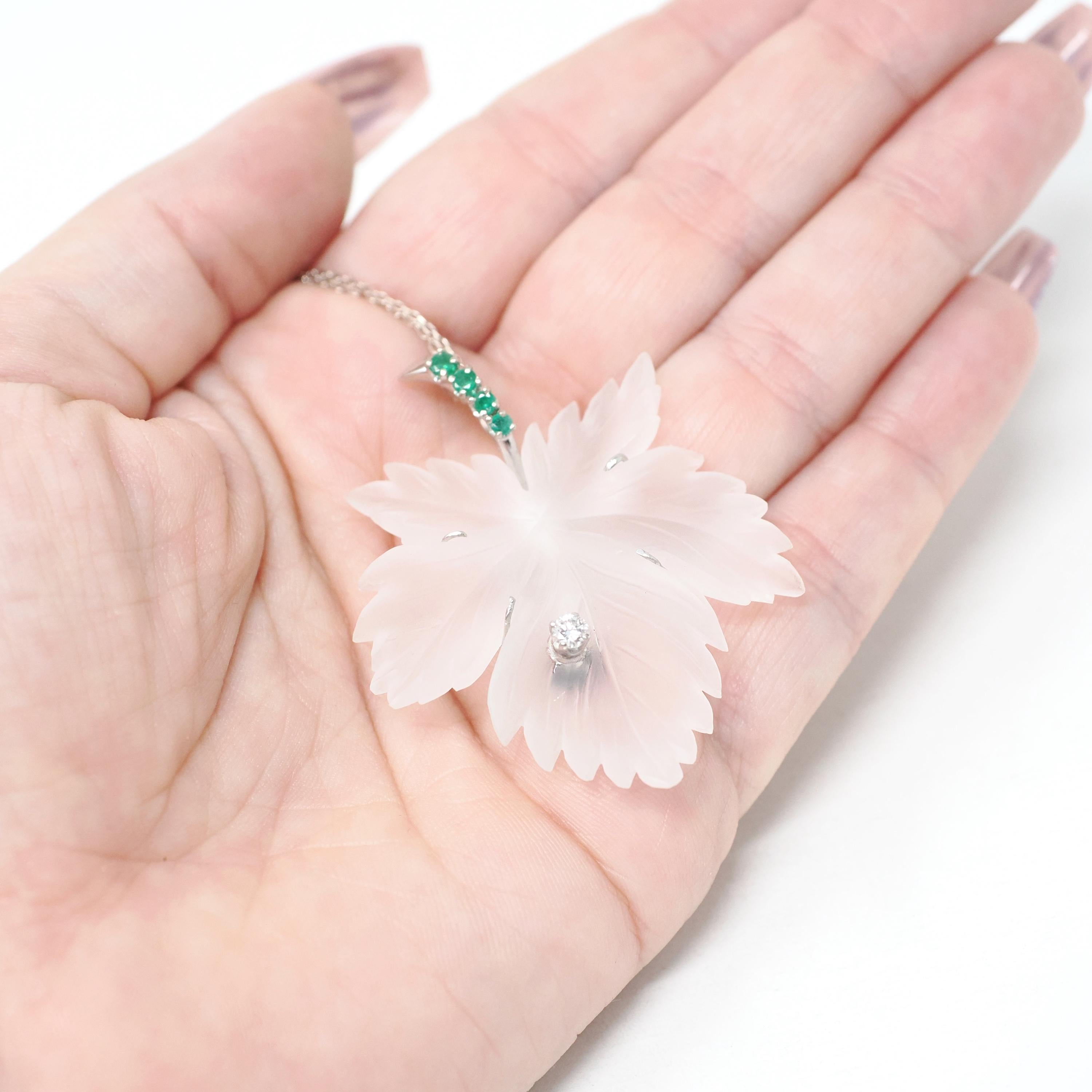 Vintage Leaf Pendant Necklace - Mid Century 14k White Gold Carved Rock Crystal Quartz - Circa 1960s Diamond Emerald Accented Fine Jewelry