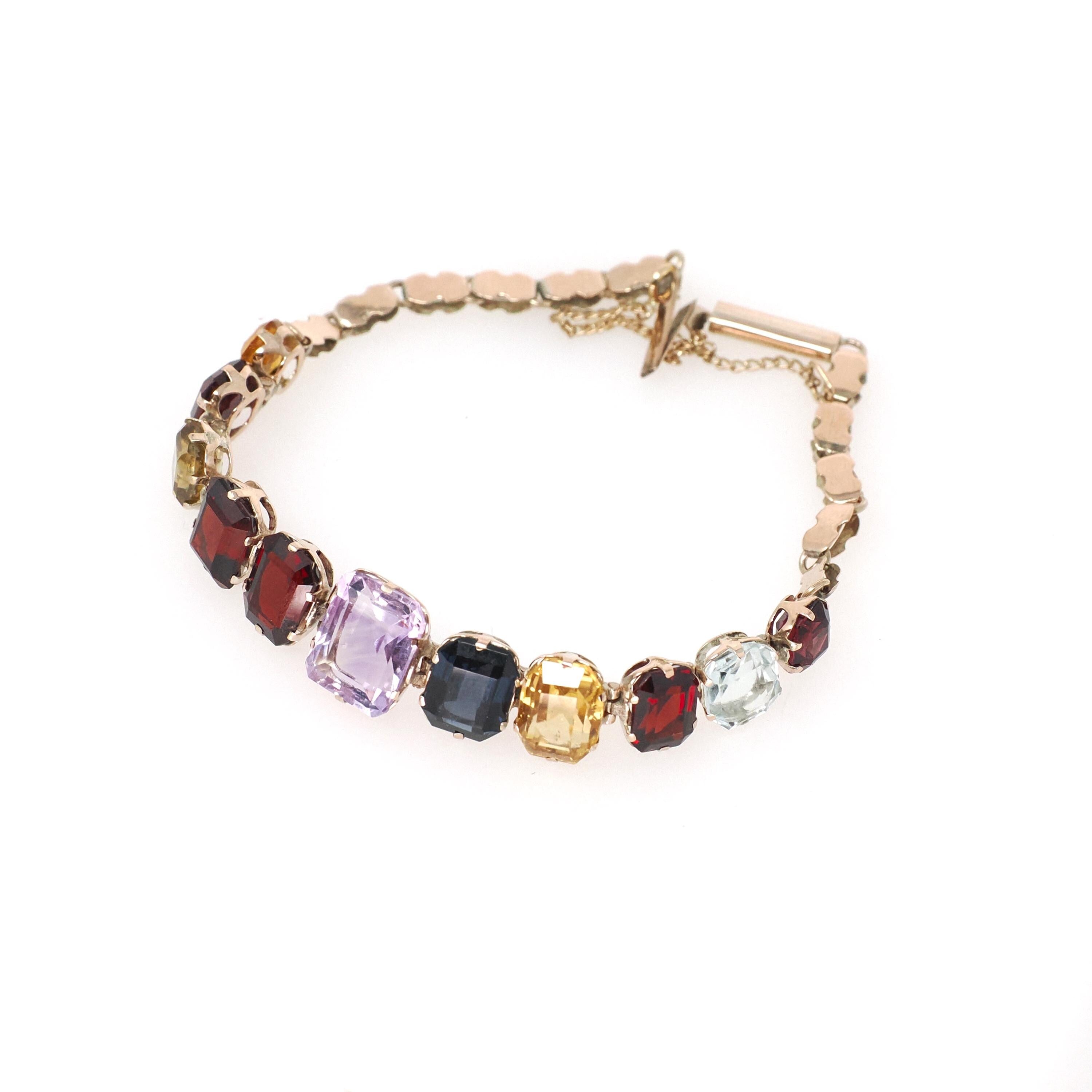 Vintage Harlequin Bracelet - Mid Century 10k Yellow Gold 7 Inch Faceted Multi Colored Gemstones - Circa 1950s Era Fine Statement Jewelry