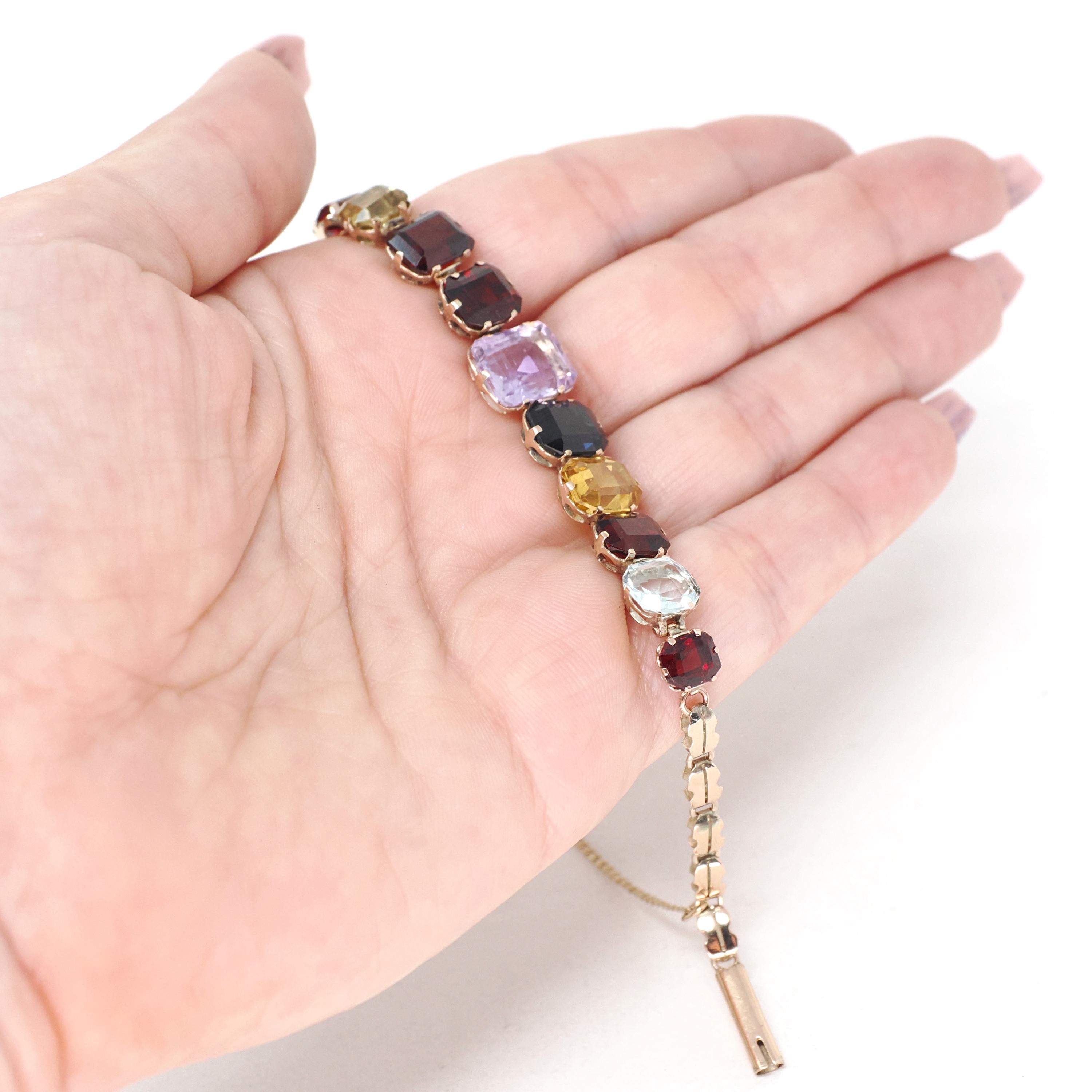 Vintage Harlequin Bracelet - Mid Century 10k Yellow Gold 7 Inch Faceted Multi Colored Gemstones - Circa 1950s Era Fine Statement Jewelry