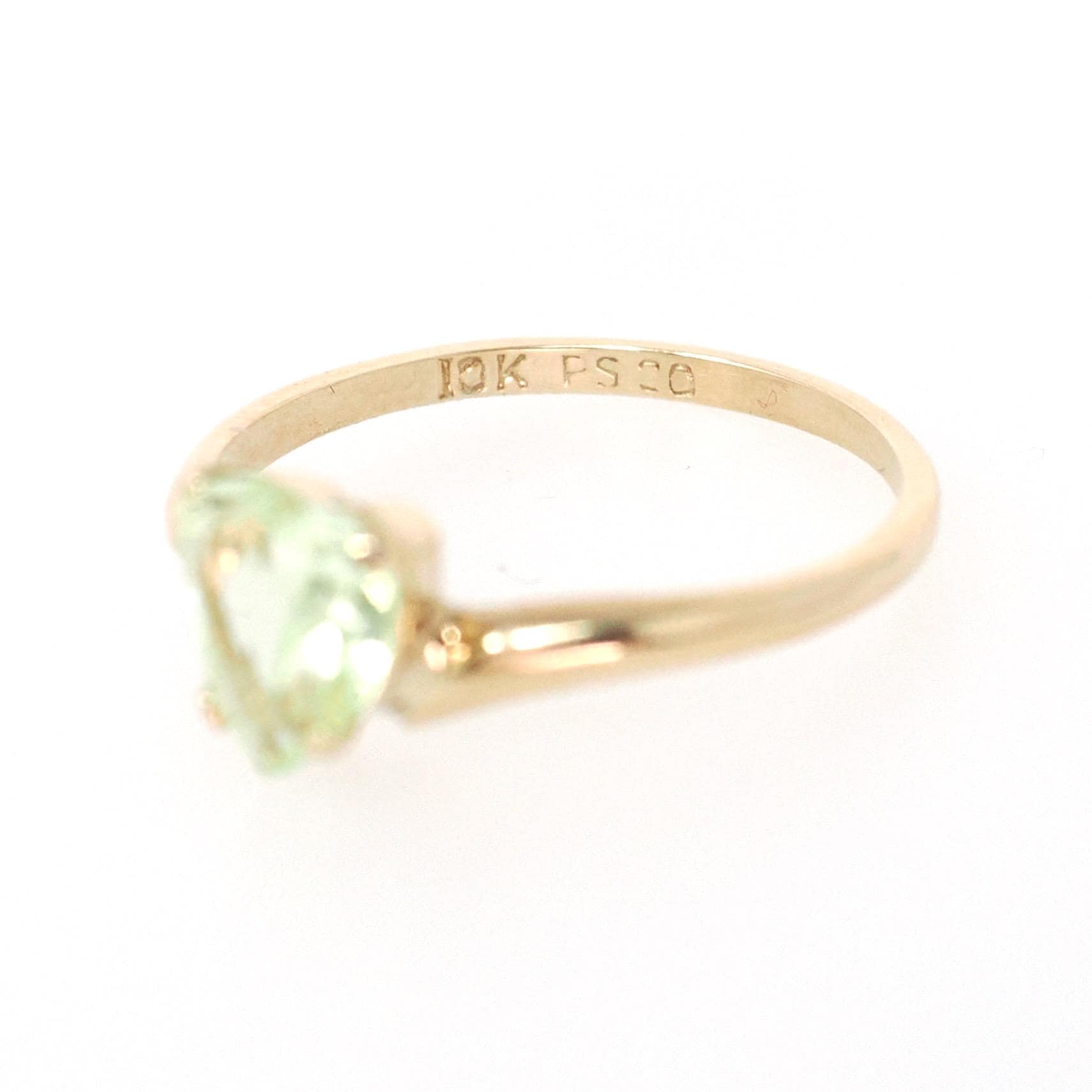 Vintage Created Spinel Ring - Mid Century 10k Yellow Gold Heart Light Green Gem Bypass - Circa 1960s Size 6 August Birthstone Fine Jewelry