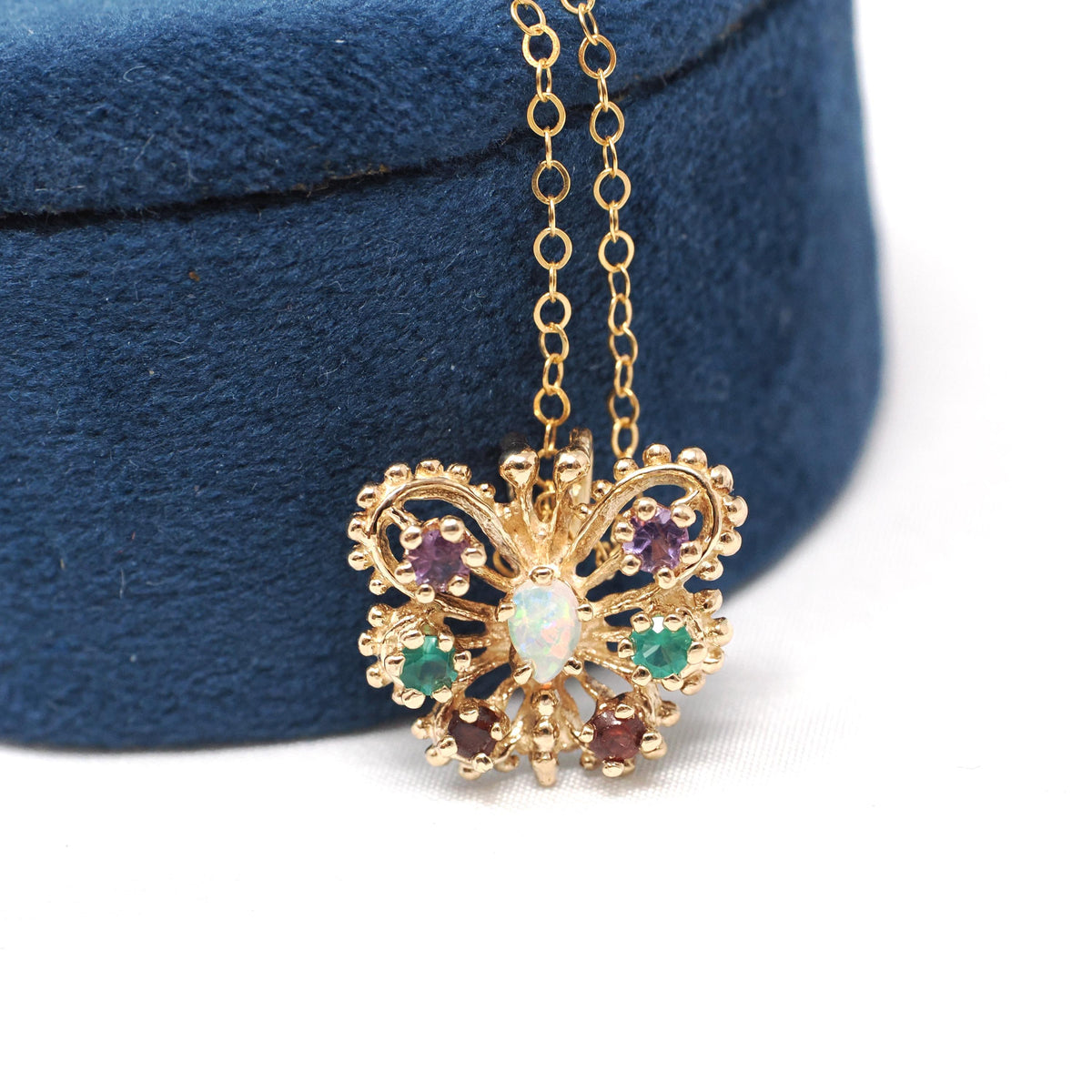 Vintage Butterfly Necklace - Contemporary 14k Yellow Gold Natural Opal Amethyst Garnet Created Emerald Gem - Circa 2000s Winged Fine Jewelry