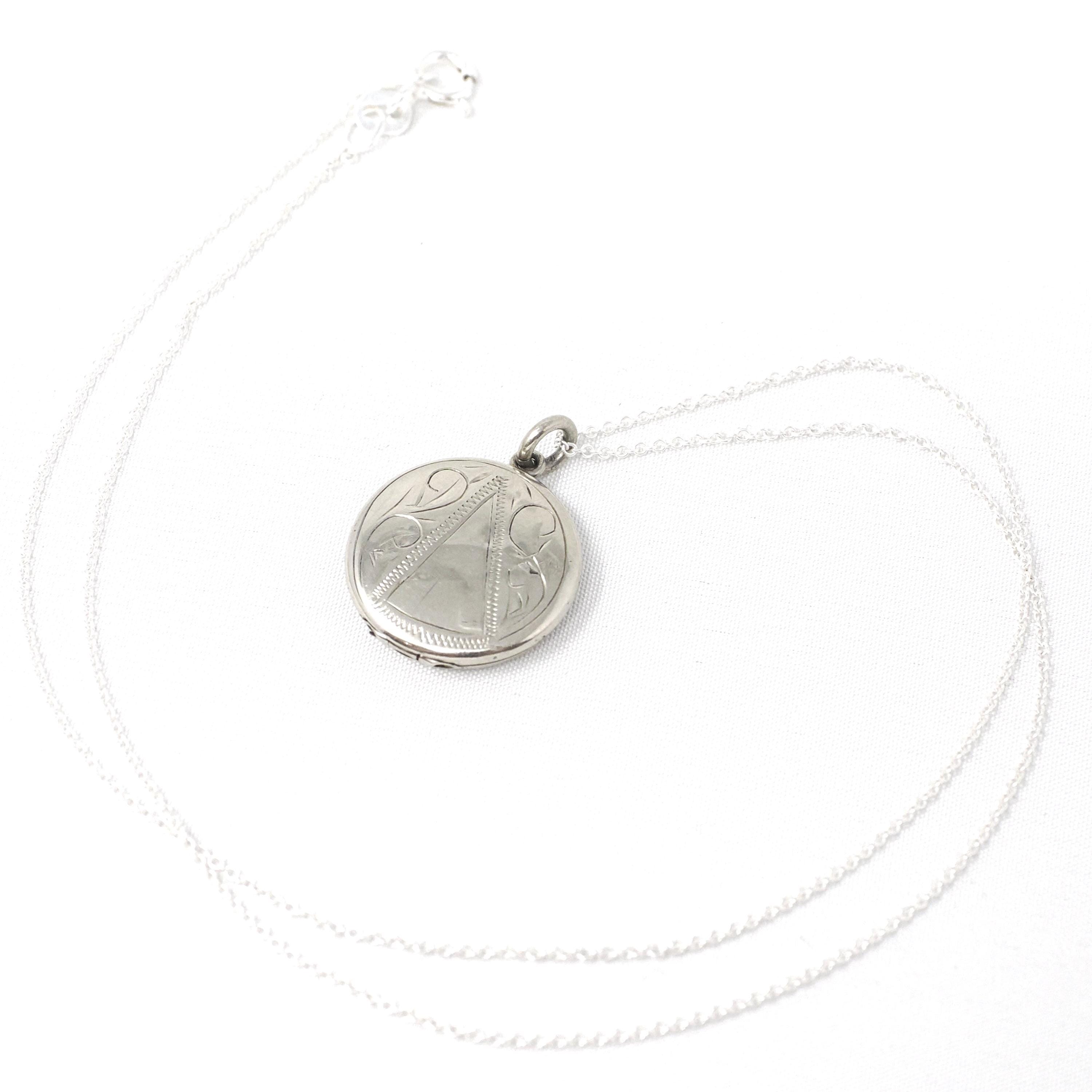 Mid Century Locket - Vintage 10k White Gold Engraved Round Pendant Necklace Charm - Circa 1950s Era Photograph Keepsake Dainty Fine Jewelry
