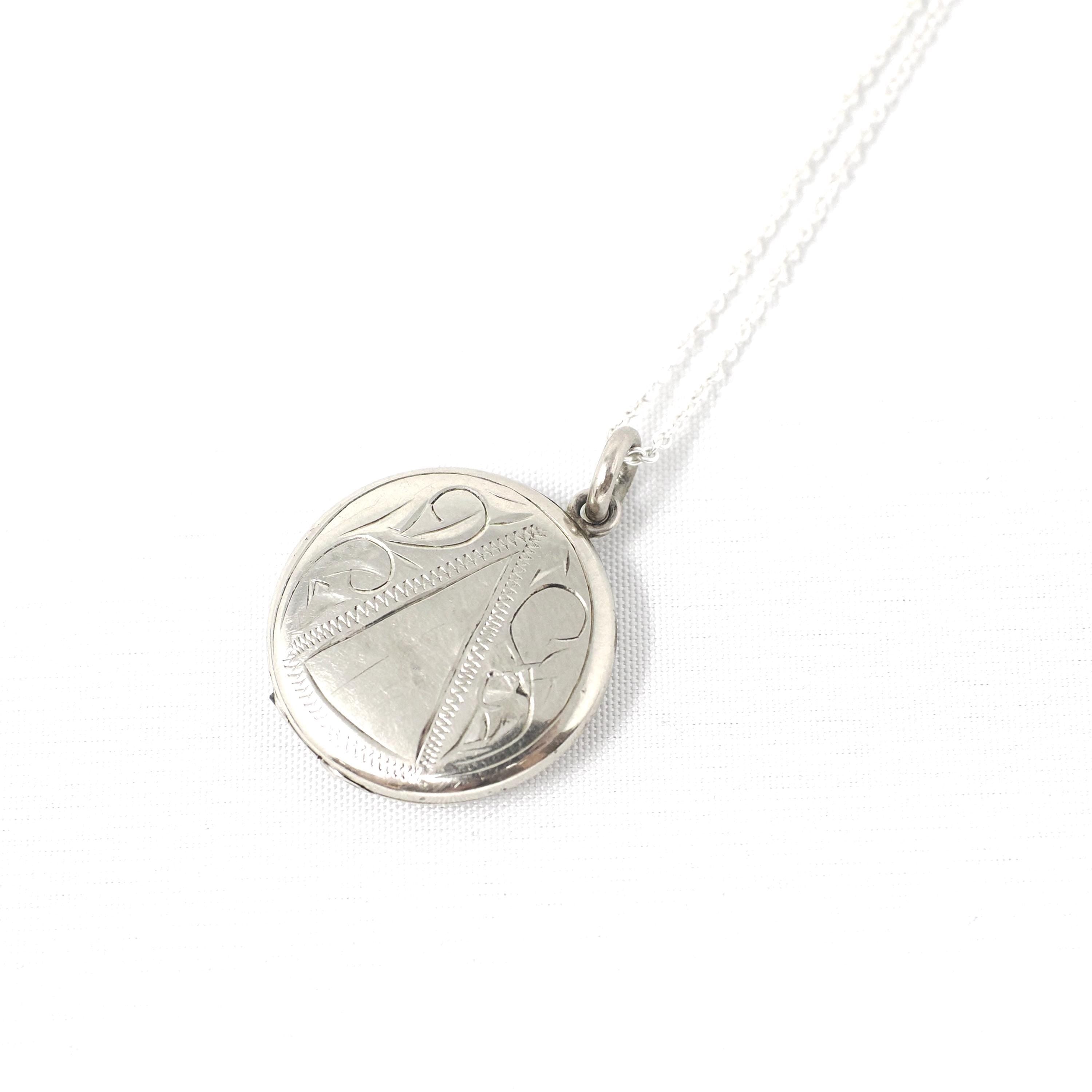 Mid Century Locket - Vintage 10k White Gold Engraved Round Pendant Necklace Charm - Circa 1950s Era Photograph Keepsake Dainty Fine Jewelry