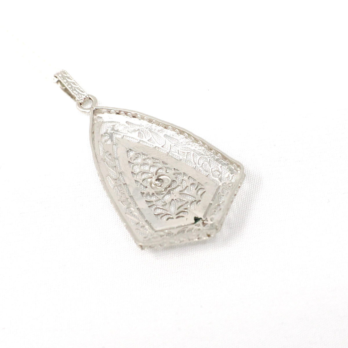 Art Deco Pendant Necklace - Vintage 14k White Gold Natural .02 CT Diamond Green Glass Triangle Accented - Circa 1930s Fine Filigree Jewelry